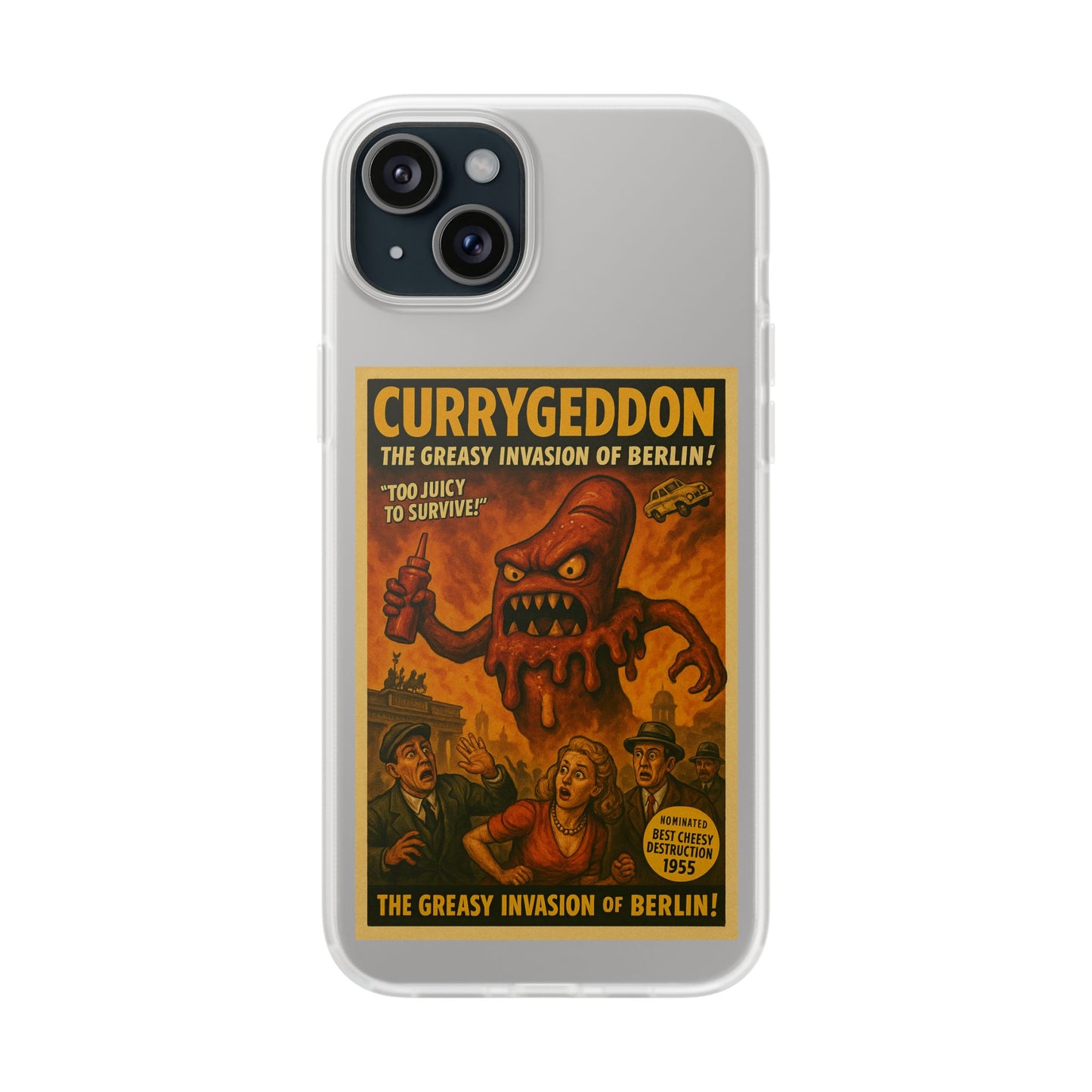 Kultige Handyhülle mit Currywurst-Monster im B-Movie-Stil. Flexibel, stoßfest und ideal für Berlin-Fans & Food-Nerds.-Phone Case-True Insights
