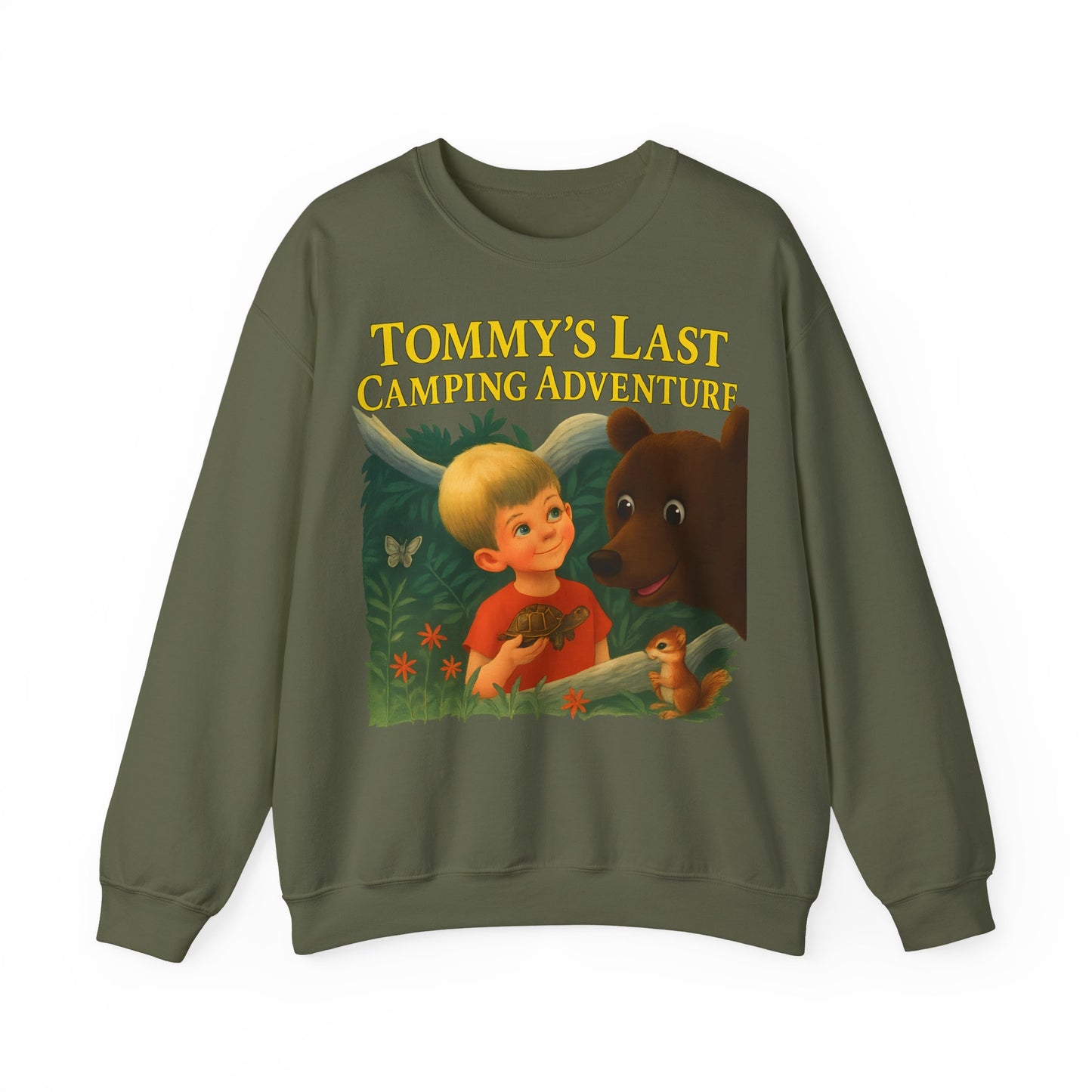 Sweatshirt – Tommy’s Last Camping Adventure Sweatshirt – Schwarzer Humor trifft Retro-Kinderbuchstil | True Insights Design mit Humor