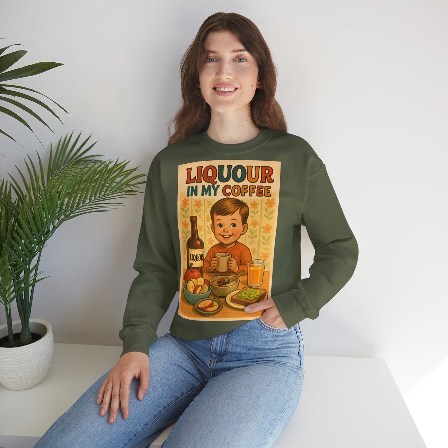 Sweatshirt – Liquor In My Coffee Sweatshirt | Retro Frühstücks-Pullover mit Satire-Motiv | Geschenk für Kaffee-Fans mit Humor | True Insights Design mit Humor