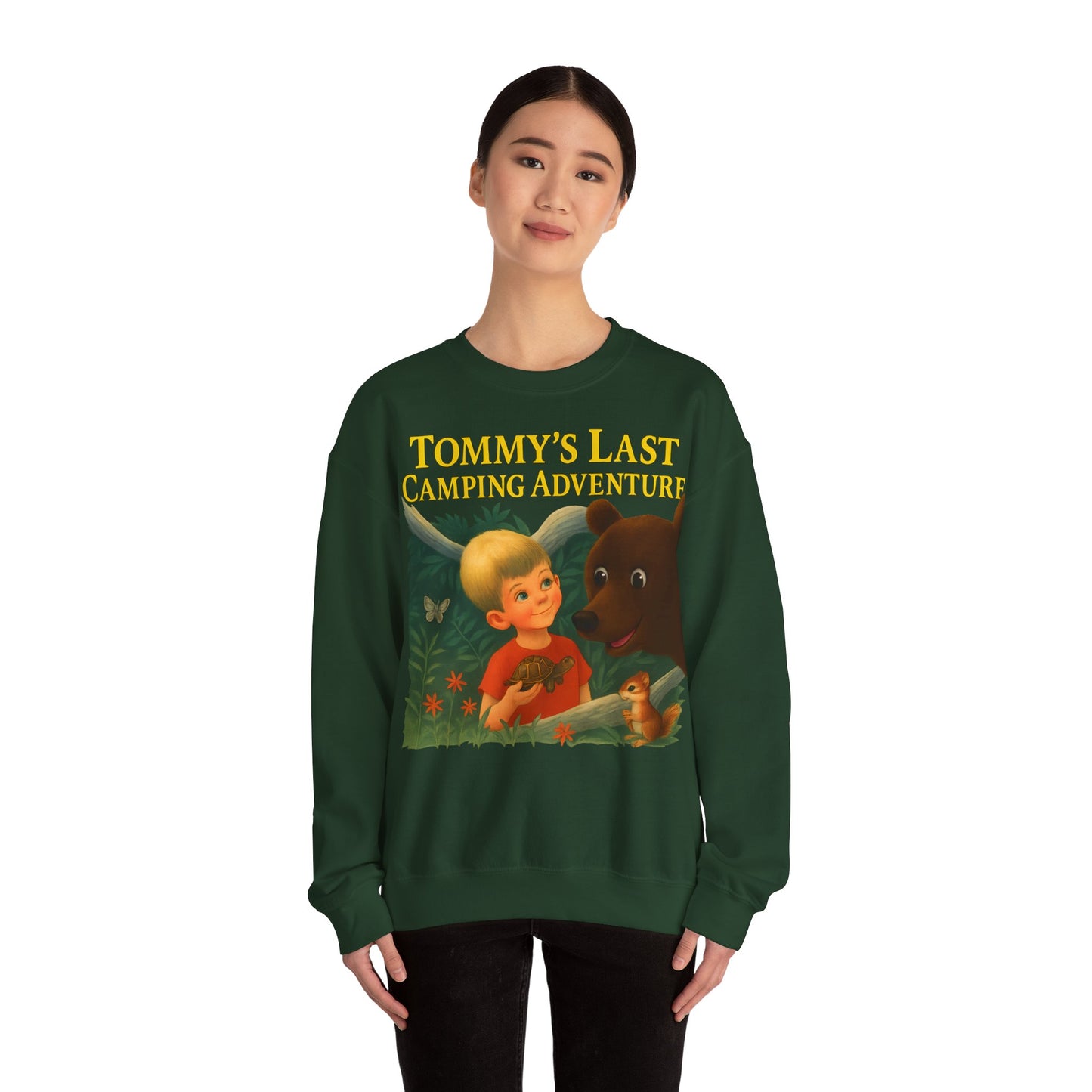 Sweatshirt – Tommy’s Last Camping Adventure Sweatshirt – Schwarzer Humor trifft Retro-Kinderbuchstil | True Insights Design mit Humor