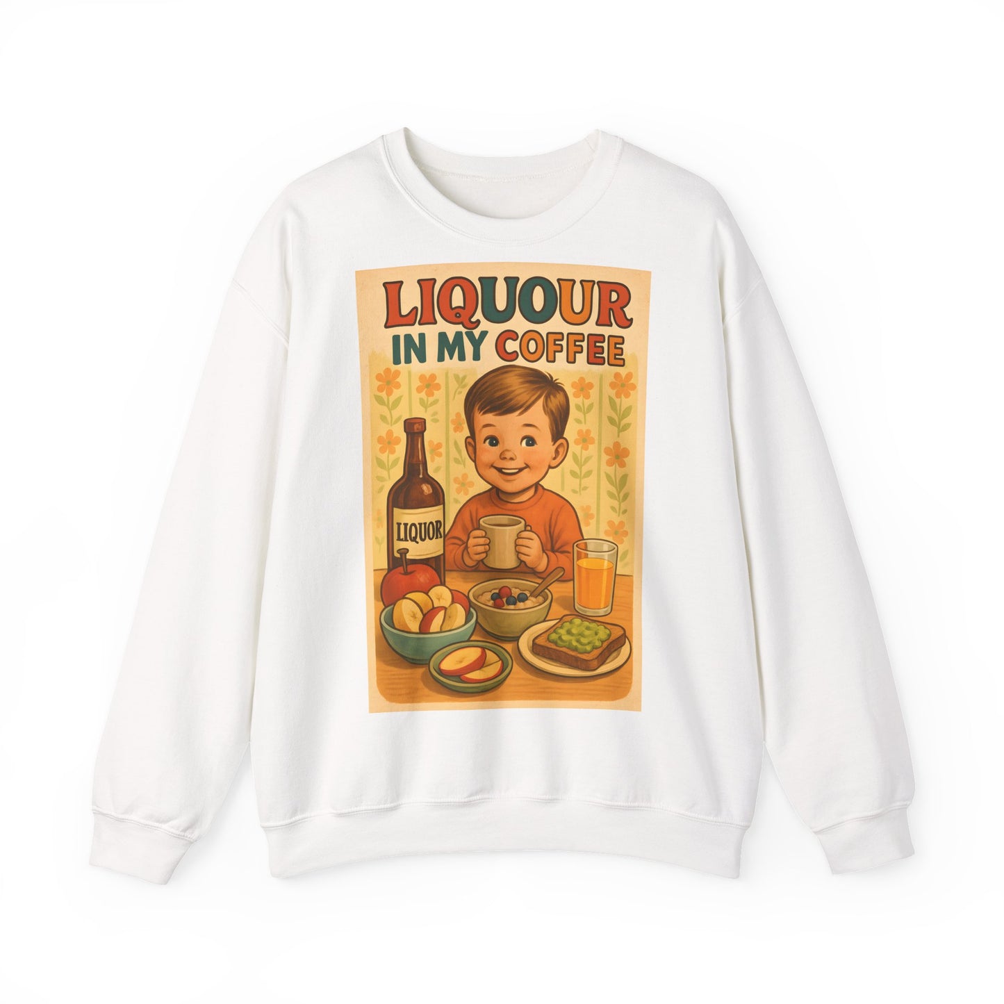 Sweatshirt – Liquor In My Coffee Sweatshirt | Retro Frühstücks-Pullover mit Satire-Motiv | Geschenk für Kaffee-Fans mit Humor | True Insights Design mit Humor