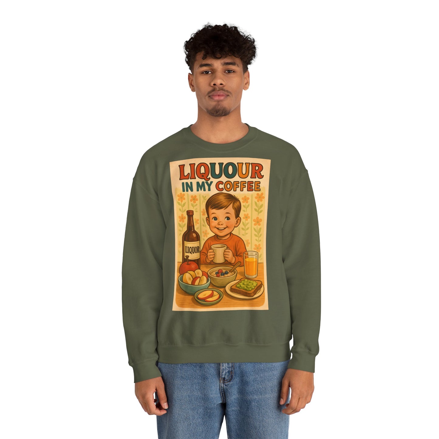Sweatshirt – Liquor In My Coffee Sweatshirt | Retro Frühstücks-Pullover mit Satire-Motiv | Geschenk für Kaffee-Fans mit Humor | True Insights Design mit Humor