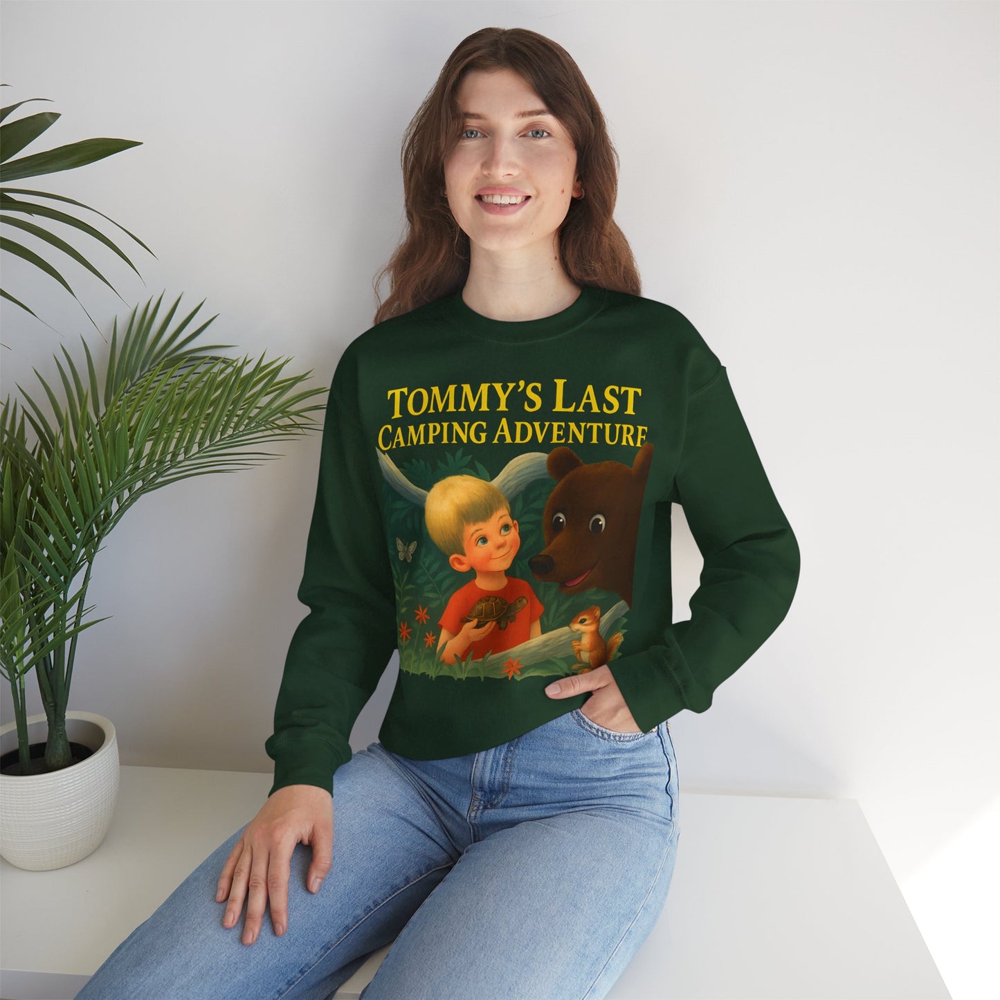 Sweatshirt – Tommy’s Last Camping Adventure Sweatshirt – Schwarzer Humor trifft Retro-Kinderbuchstil | True Insights Design mit Humor