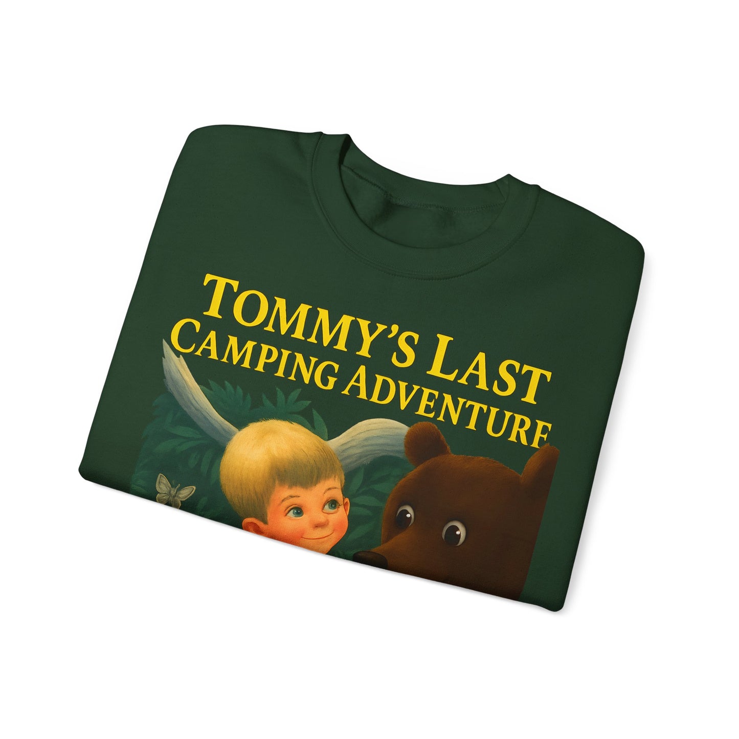 Sweatshirt – Tommy’s Last Camping Adventure Sweatshirt – Schwarzer Humor trifft Retro-Kinderbuchstil | True Insights Design mit Humor