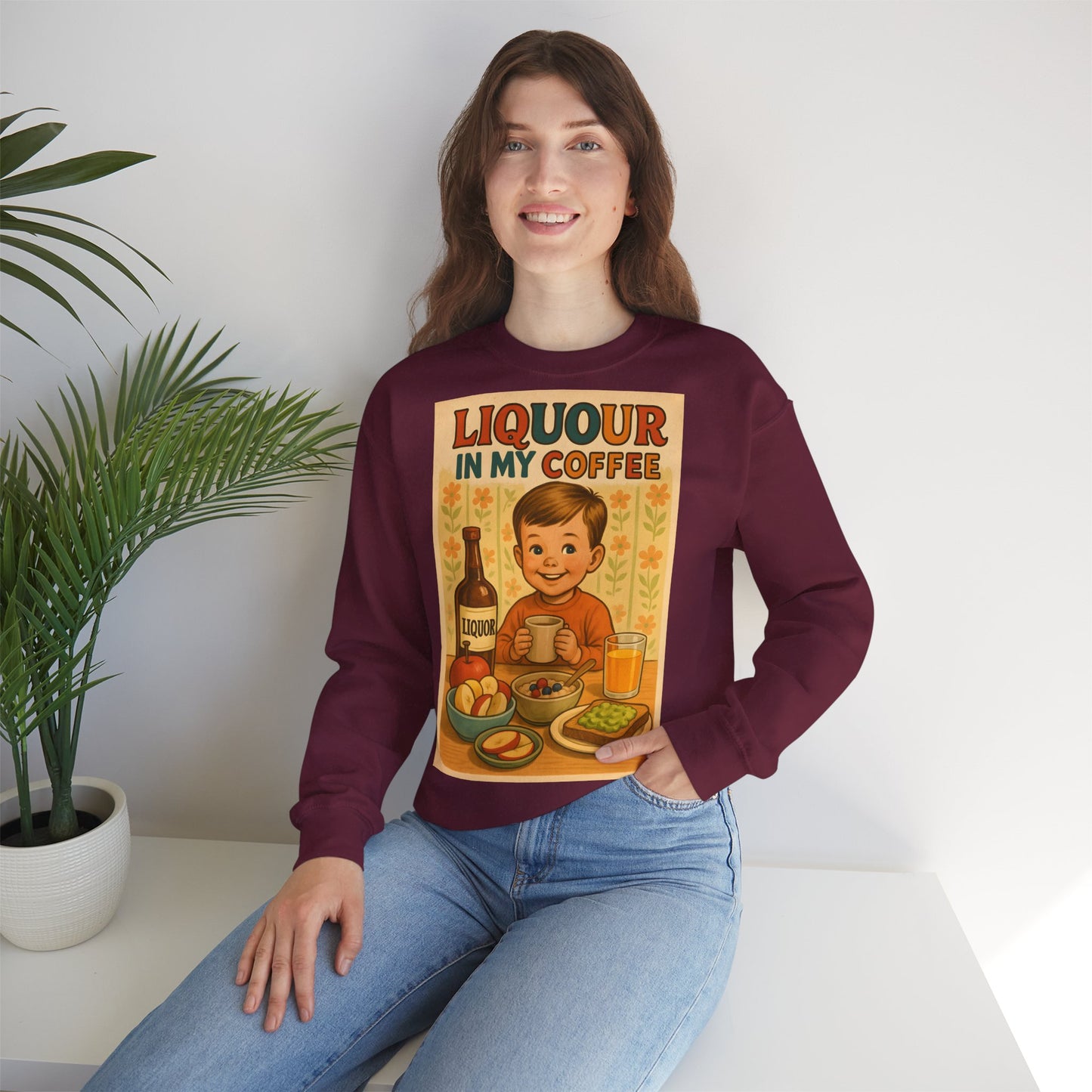 Sweatshirt – Liquor In My Coffee Sweatshirt | Retro Frühstücks-Pullover mit Satire-Motiv | Geschenk für Kaffee-Fans mit Humor | True Insights Design mit Humor