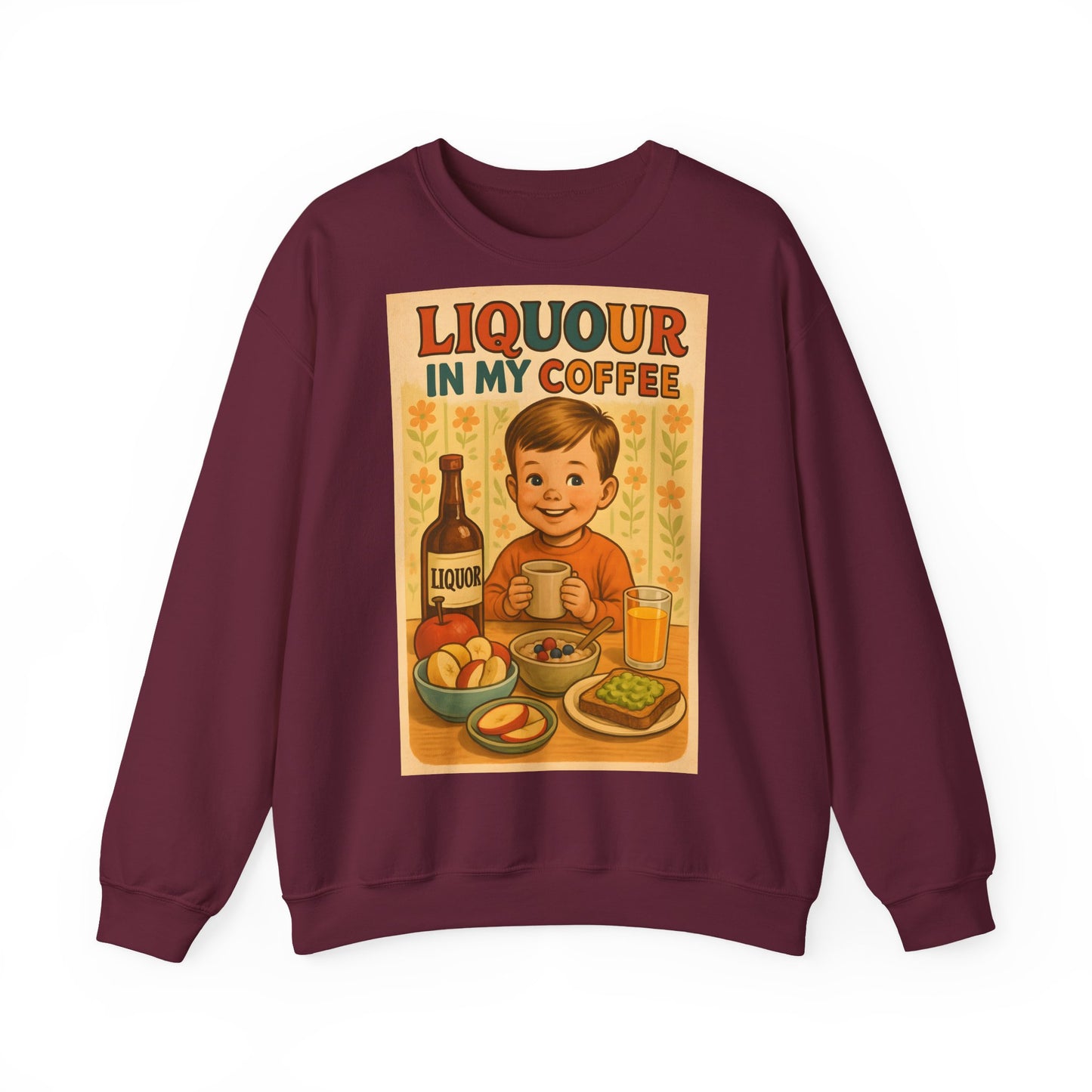 Sweatshirt – Liquor In My Coffee Sweatshirt | Retro Frühstücks-Pullover mit Satire-Motiv | Geschenk für Kaffee-Fans mit Humor | True Insights Design mit Humor