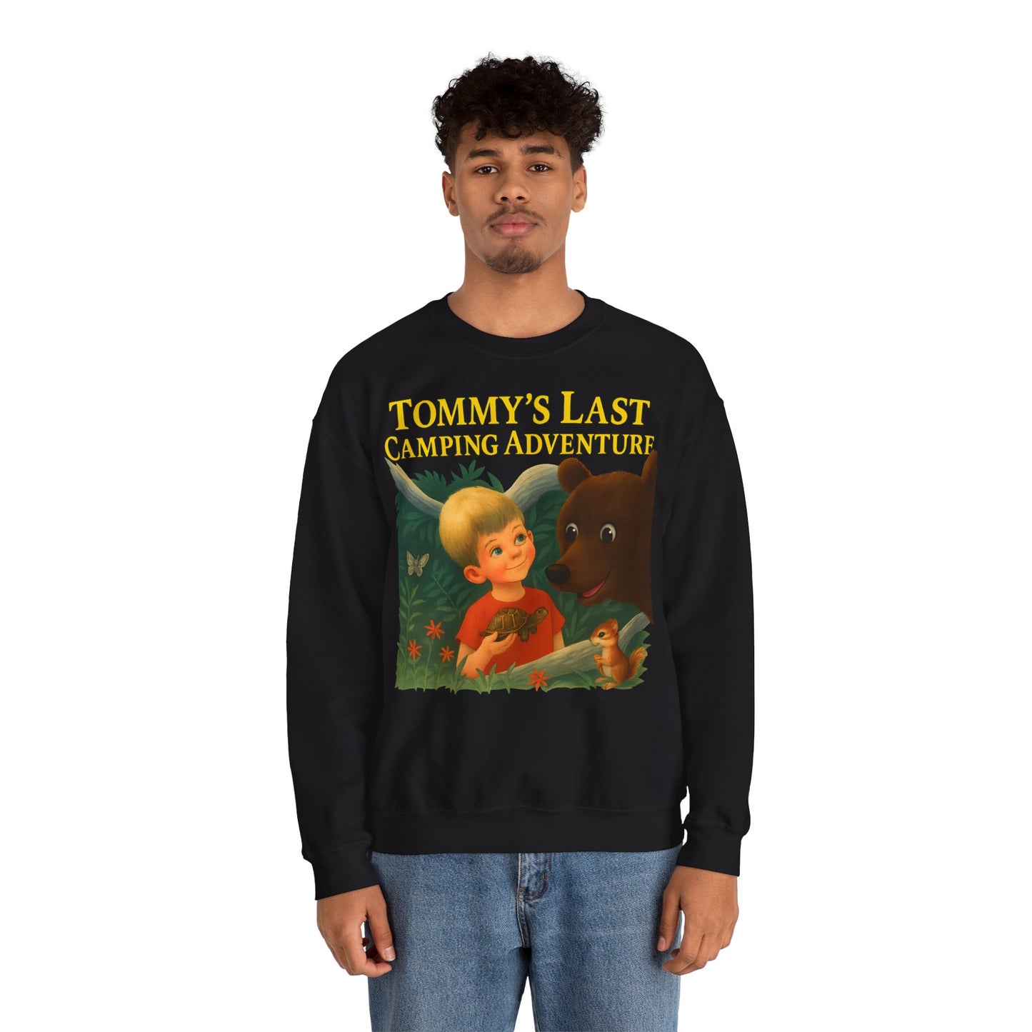 Sweatshirt – Tommy’s Last Camping Adventure Sweatshirt – Schwarzer Humor trifft Retro-Kinderbuchstil | True Insights Design mit Humor