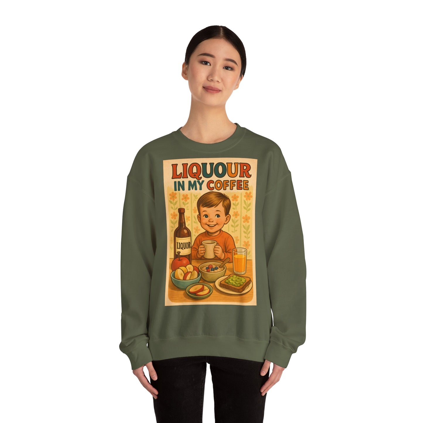 Sweatshirt – Liquor In My Coffee Sweatshirt | Retro Frühstücks-Pullover mit Satire-Motiv | Geschenk für Kaffee-Fans mit Humor | True Insights Design mit Humor