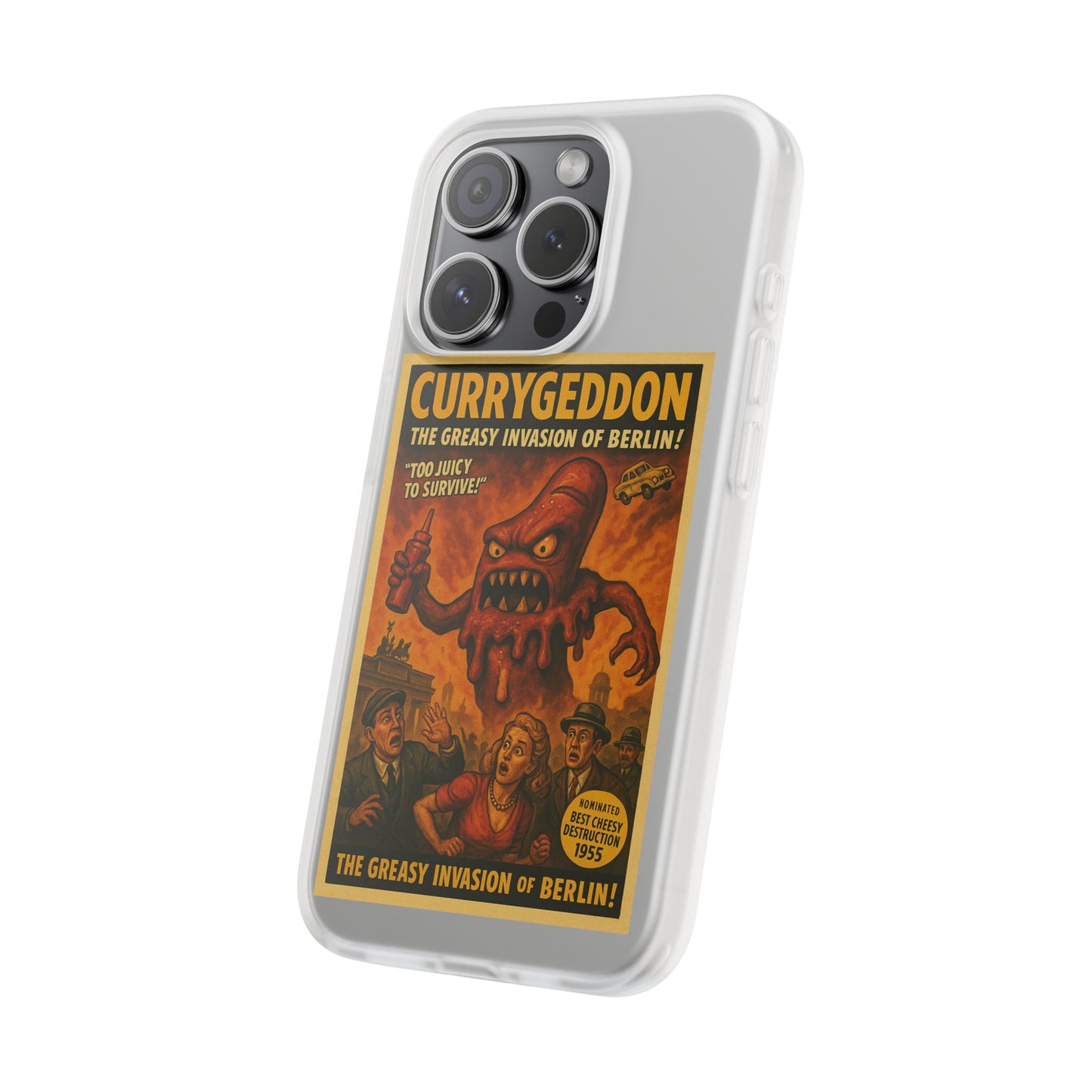 Kultige Handyhülle mit Currywurst-Monster im B-Movie-Stil. Flexibel, stoßfest und ideal für Berlin-Fans & Food-Nerds.-Phone Case-True Insights