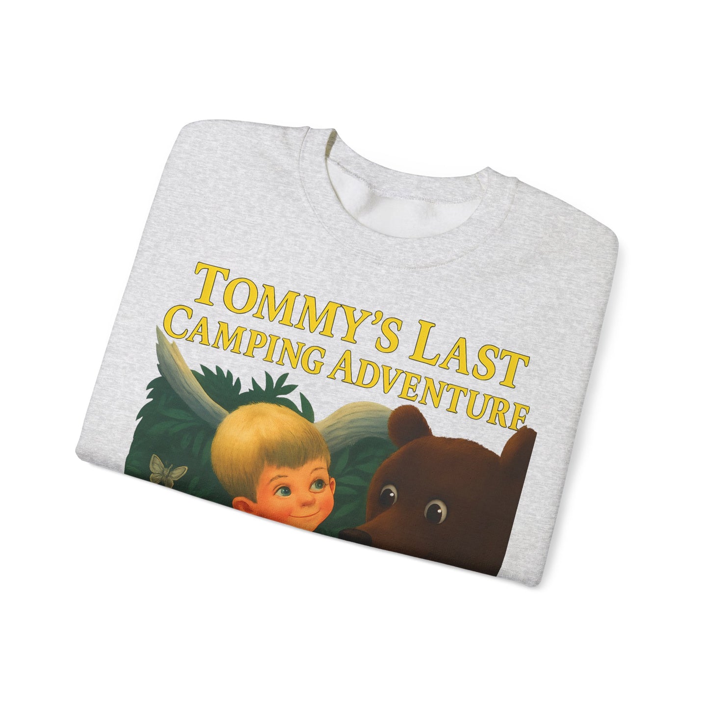 Sweatshirt – Tommy’s Last Camping Adventure Sweatshirt – Schwarzer Humor trifft Retro-Kinderbuchstil | True Insights Design mit Humor
