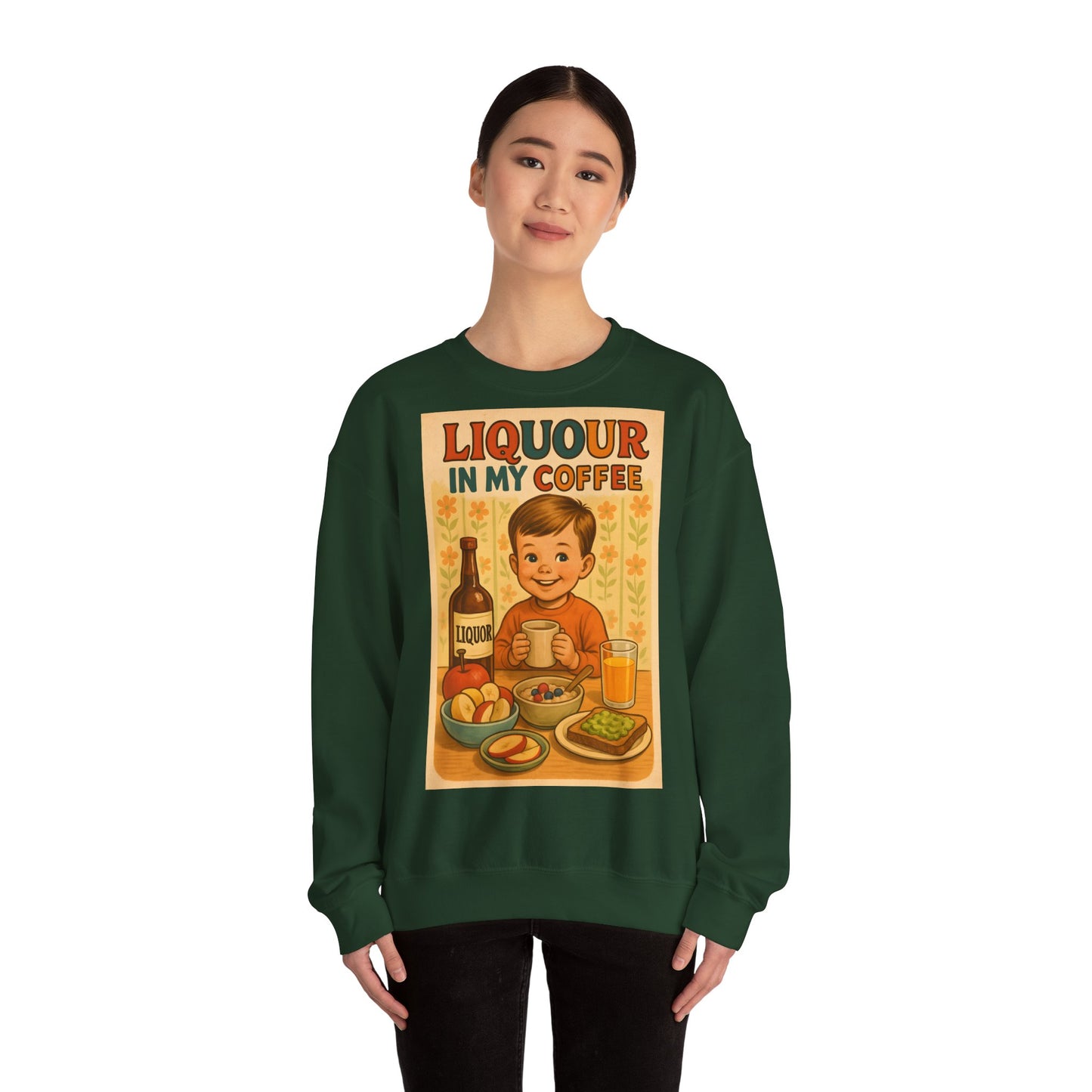 Sweatshirt – Liquor In My Coffee Sweatshirt | Retro Frühstücks-Pullover mit Satire-Motiv | Geschenk für Kaffee-Fans mit Humor | True Insights Design mit Humor