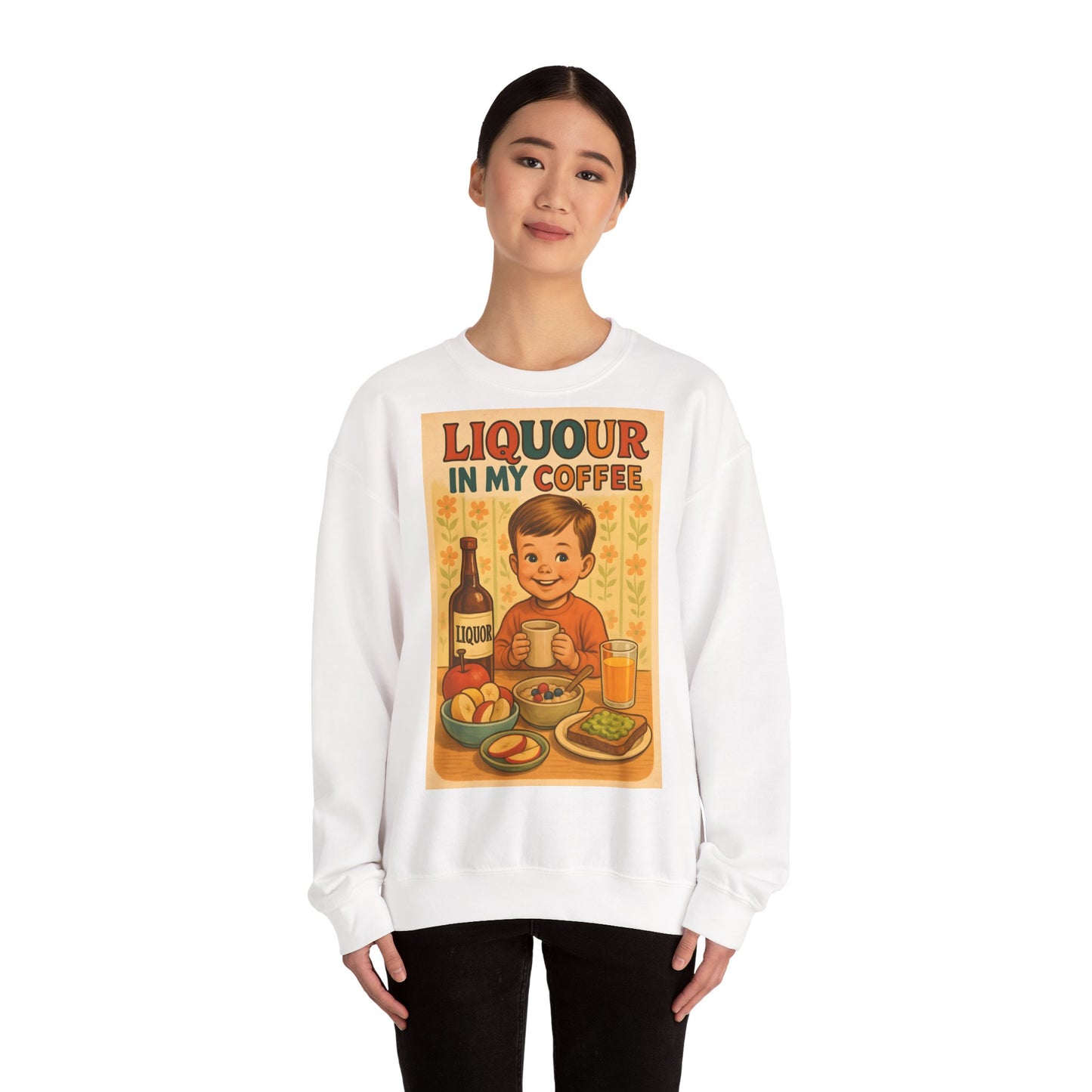 Sweatshirt – Liquor In My Coffee Sweatshirt | Retro Frühstücks-Pullover mit Satire-Motiv | Geschenk für Kaffee-Fans mit Humor | True Insights Design mit Humor