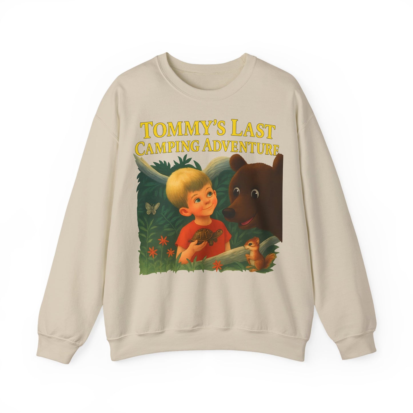 Sweatshirt – Tommy’s Last Camping Adventure Sweatshirt – Schwarzer Humor trifft Retro-Kinderbuchstil | True Insights Design mit Humor