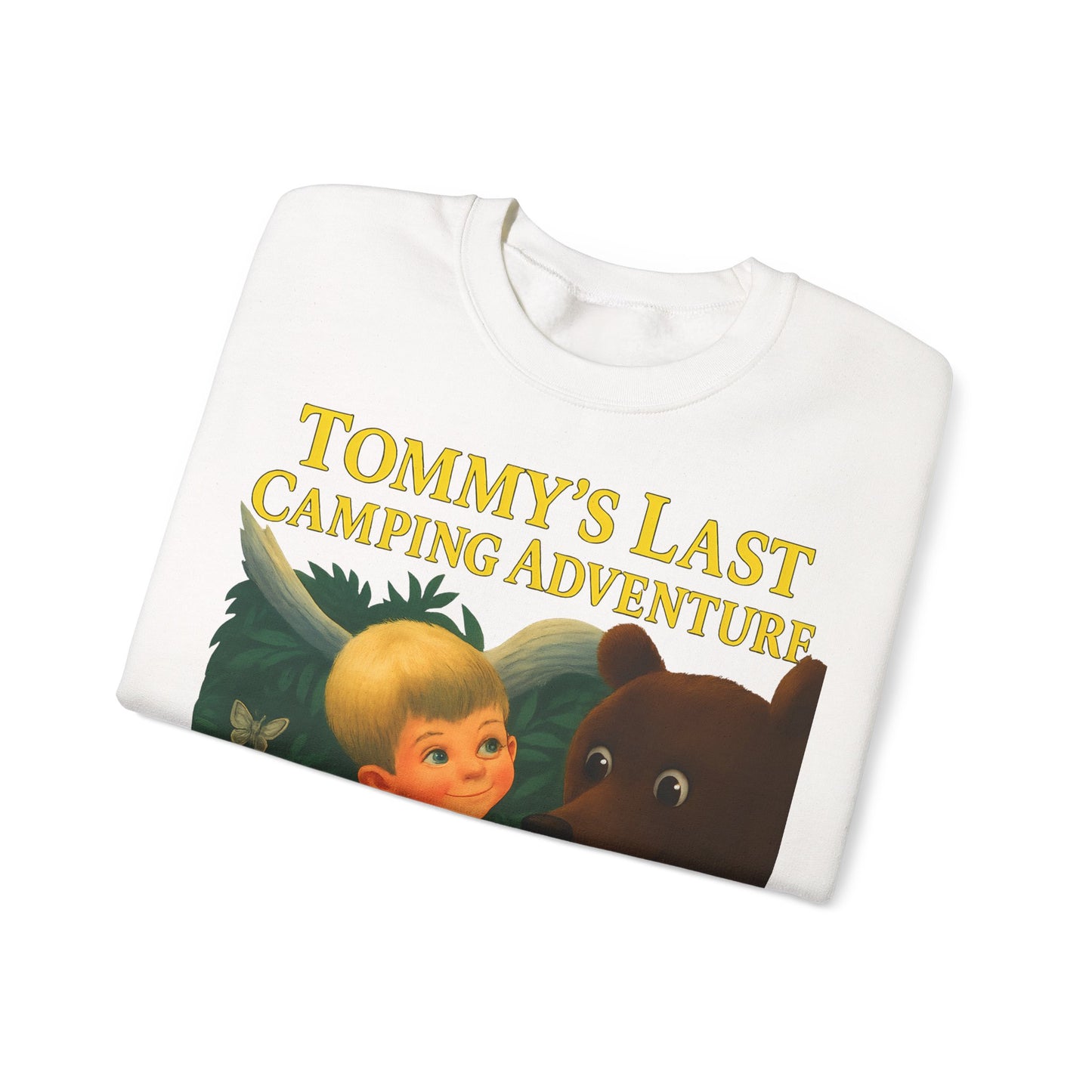 Sweatshirt – Tommy’s Last Camping Adventure Sweatshirt – Schwarzer Humor trifft Retro-Kinderbuchstil | True Insights Design mit Humor