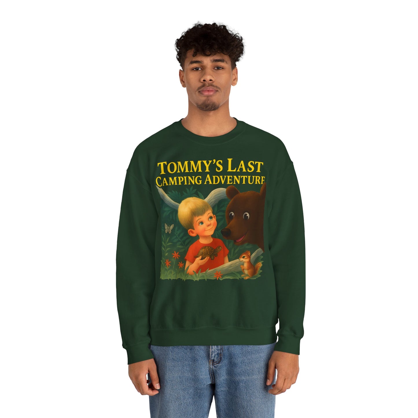 Sweatshirt – Tommy’s Last Camping Adventure Sweatshirt – Schwarzer Humor trifft Retro-Kinderbuchstil | True Insights Design mit Humor
