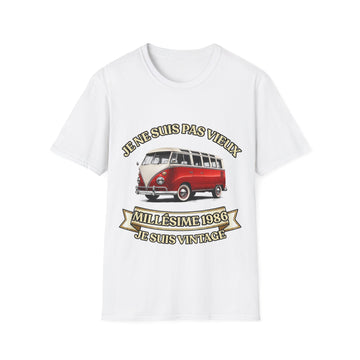 T-shirt Millésime 1986 « Je ne suis pas vieux, je suis vintage » – Cadeau anniversaire 40 ans homme – Combi rouge et blanc, voiture ancienne rétro