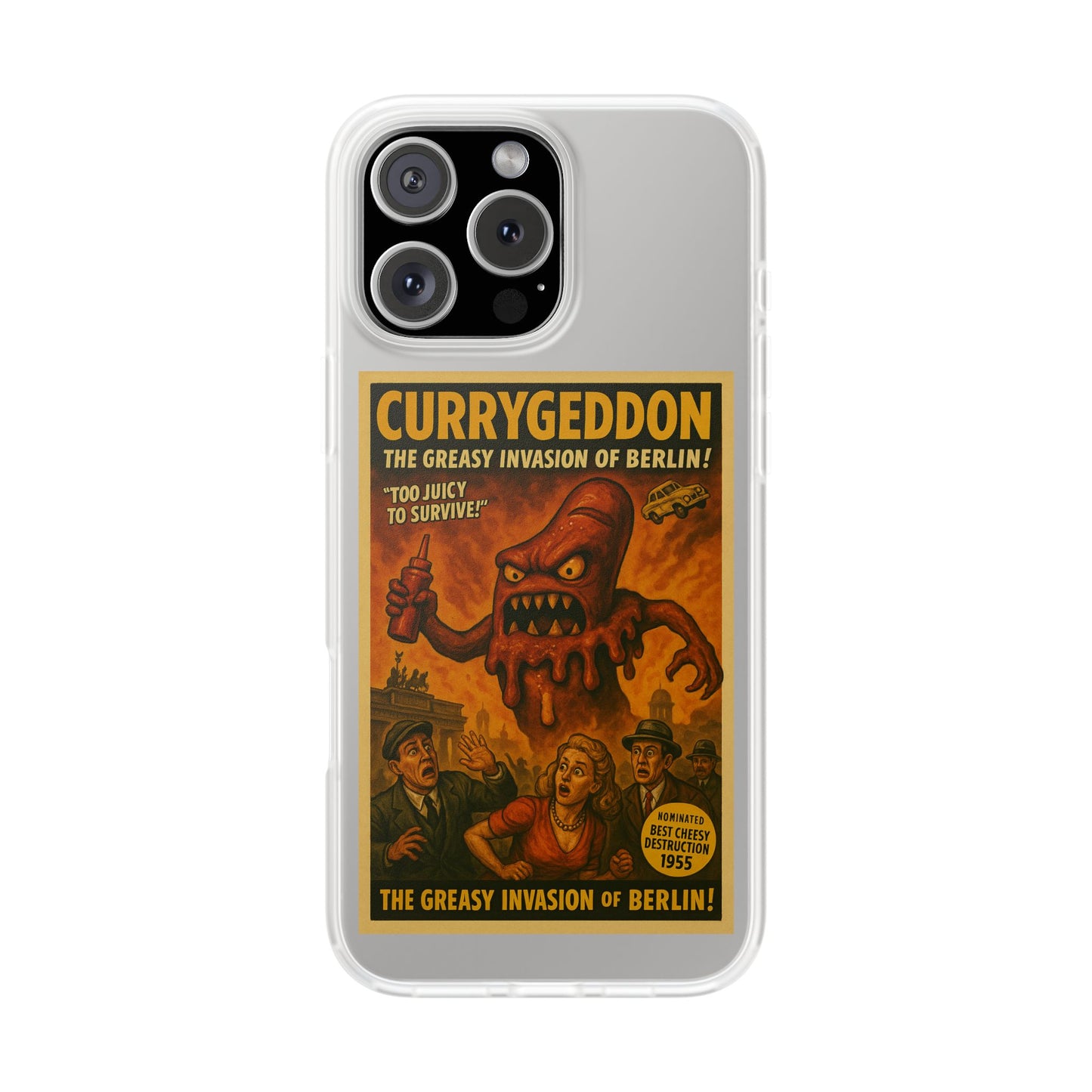 Kultige Handyhülle mit Currywurst-Monster im B-Movie-Stil. Flexibel, stoßfest und ideal für Berlin-Fans & Food-Nerds.-Phone Case-True Insights