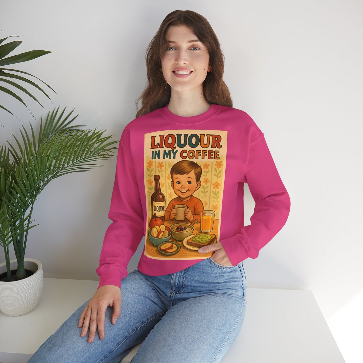 Sweatshirt – Liquor In My Coffee Sweatshirt | Retro Frühstücks-Pullover mit Satire-Motiv | Geschenk für Kaffee-Fans mit Humor | True Insights Design mit Humor