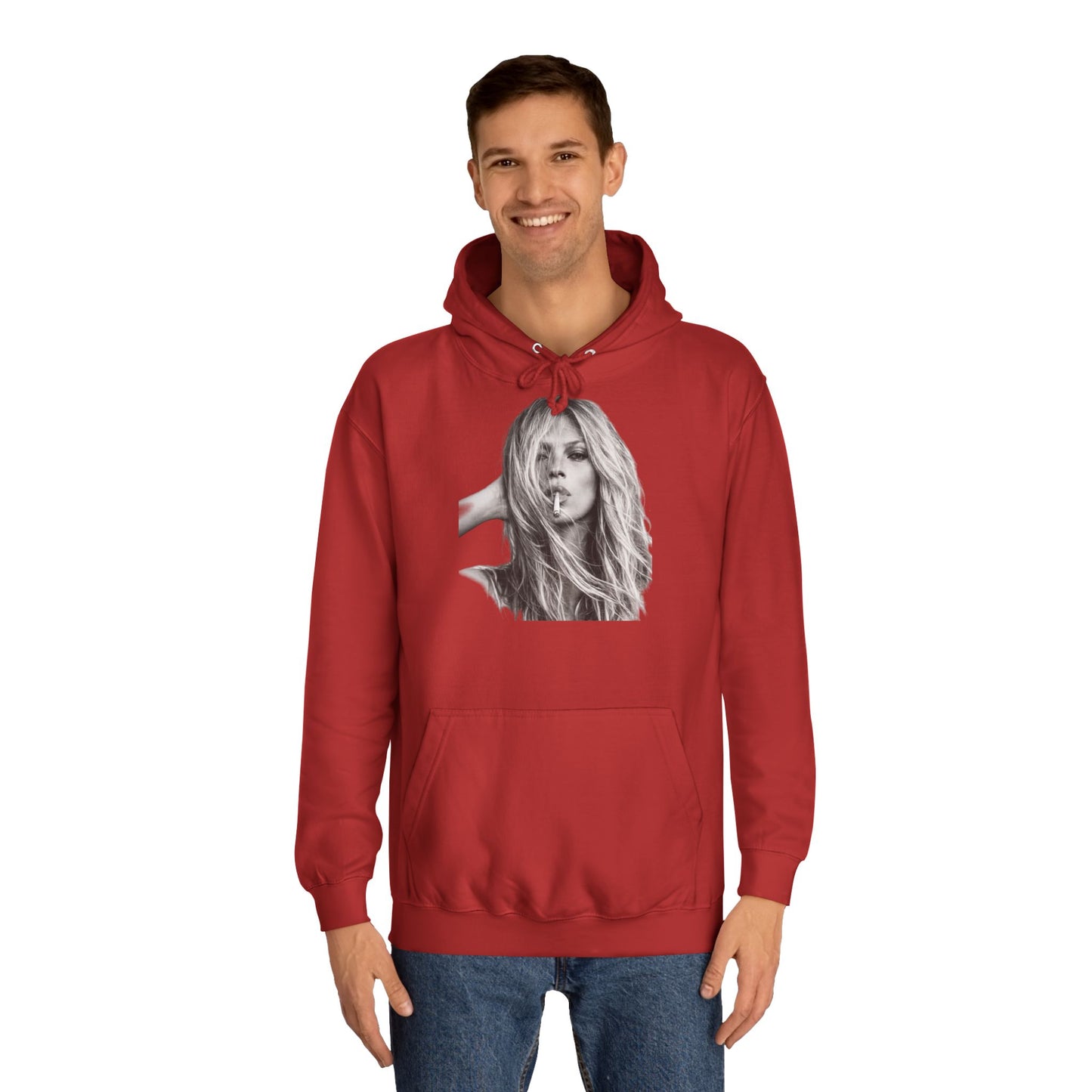 Kate Moss Hoodie – Ikonisches Schwarz-Weiß Porträt Kapuzenpullover für Fashion & Musik Fans