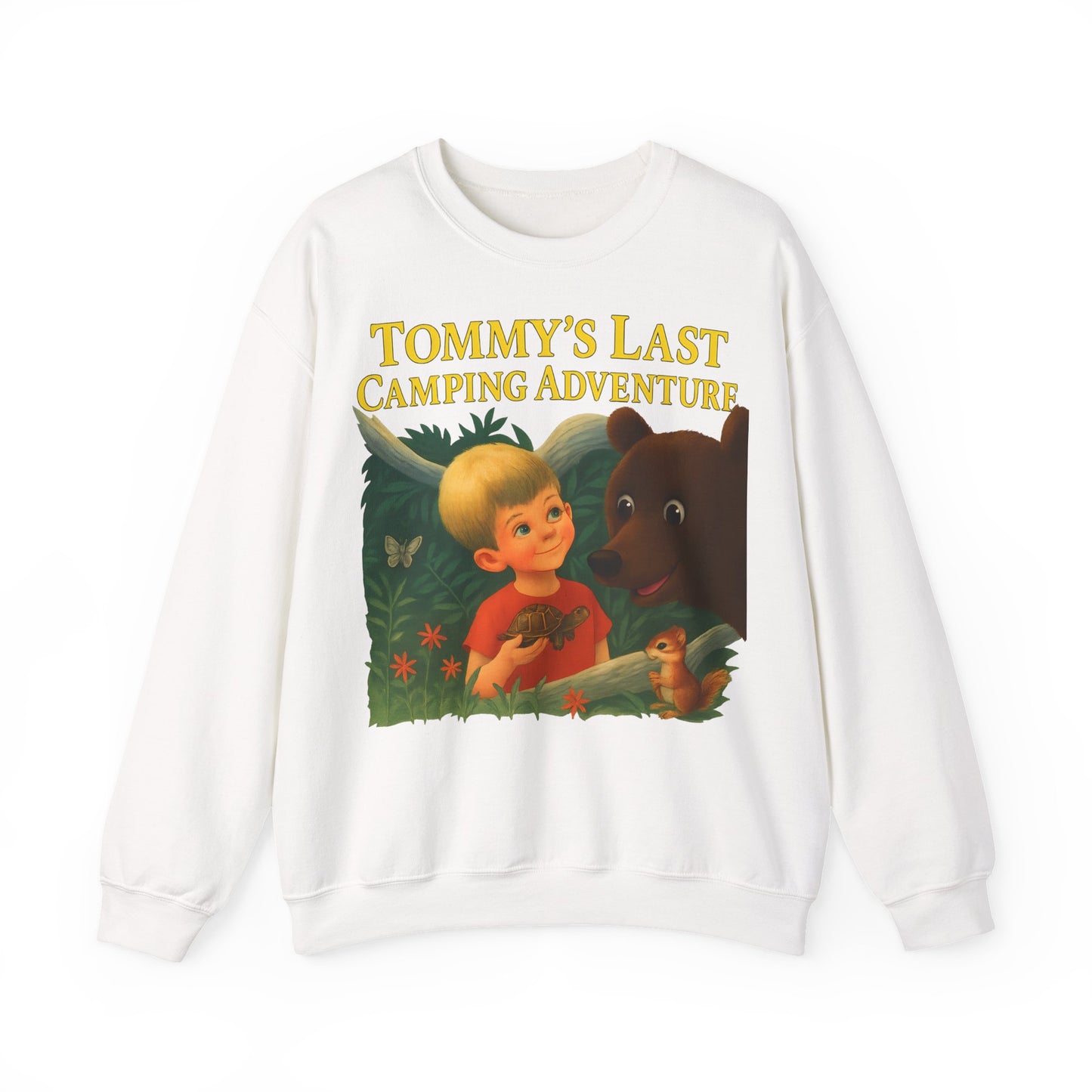 Sweatshirt – Tommy’s Last Camping Adventure Sweatshirt – Schwarzer Humor trifft Retro-Kinderbuchstil | True Insights Design mit Humor