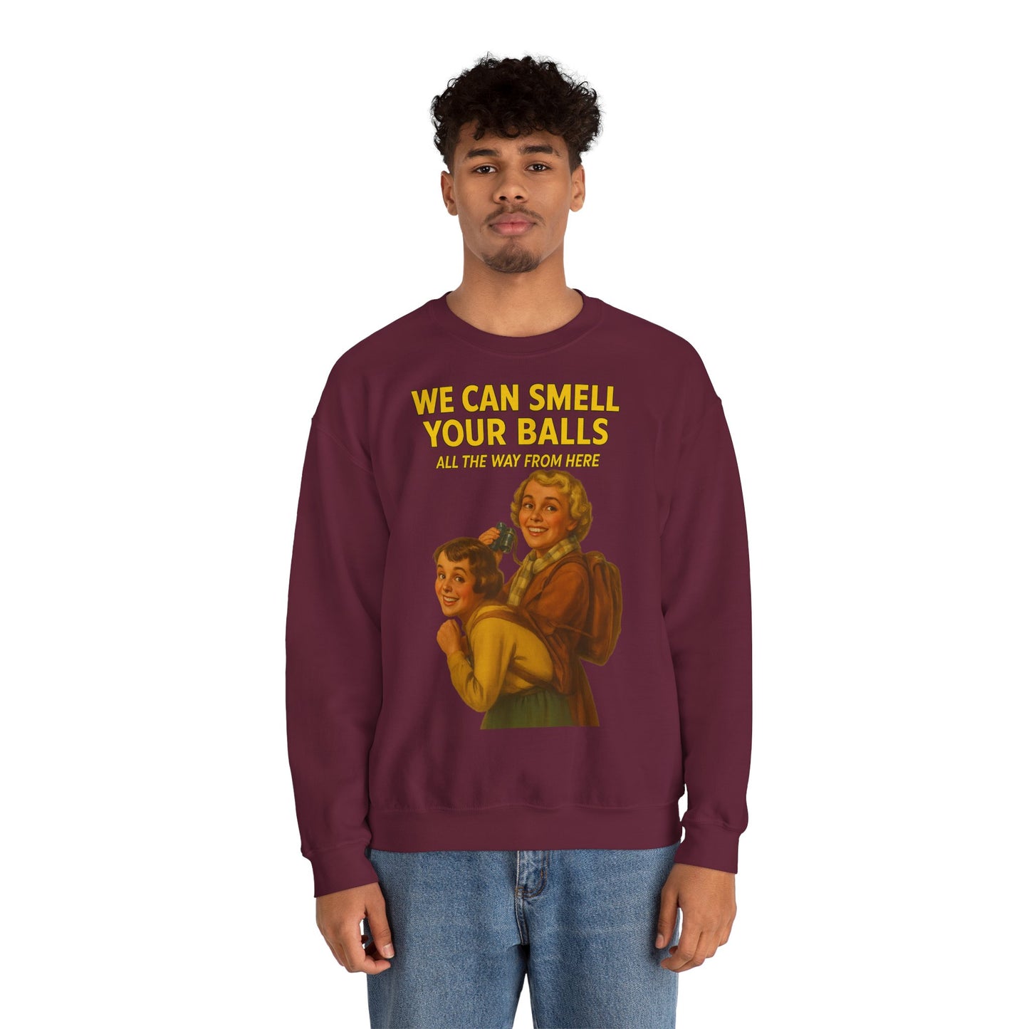 Sweatshirt – Vintage Sweatshirt – „We Can Smell Your Balls“ im Spioninnen-Stil | True Insights Design mit Humor