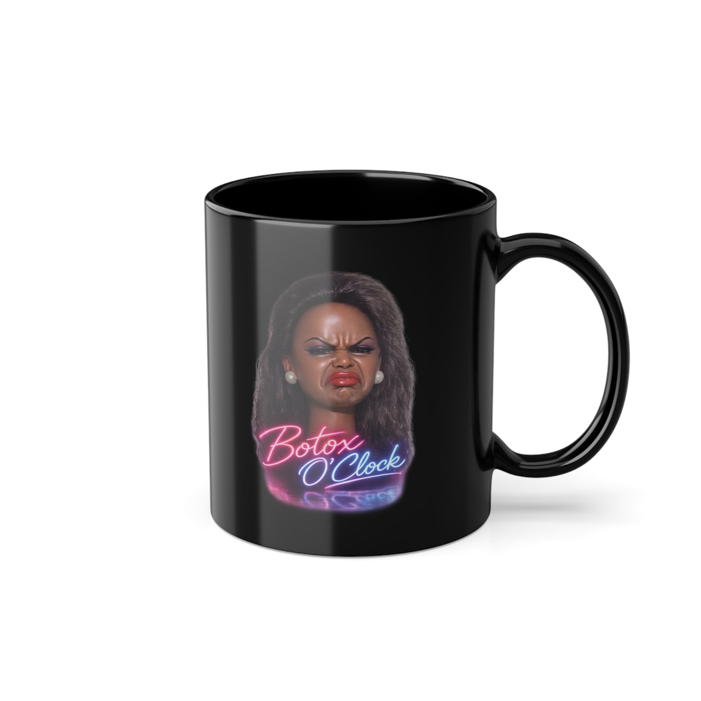 Botox O'Clock Tasse Schwarz – Lustige Beauty Parodie Kaffeetasse für Schönheits-Fans & Kosmetik-Liebhaber