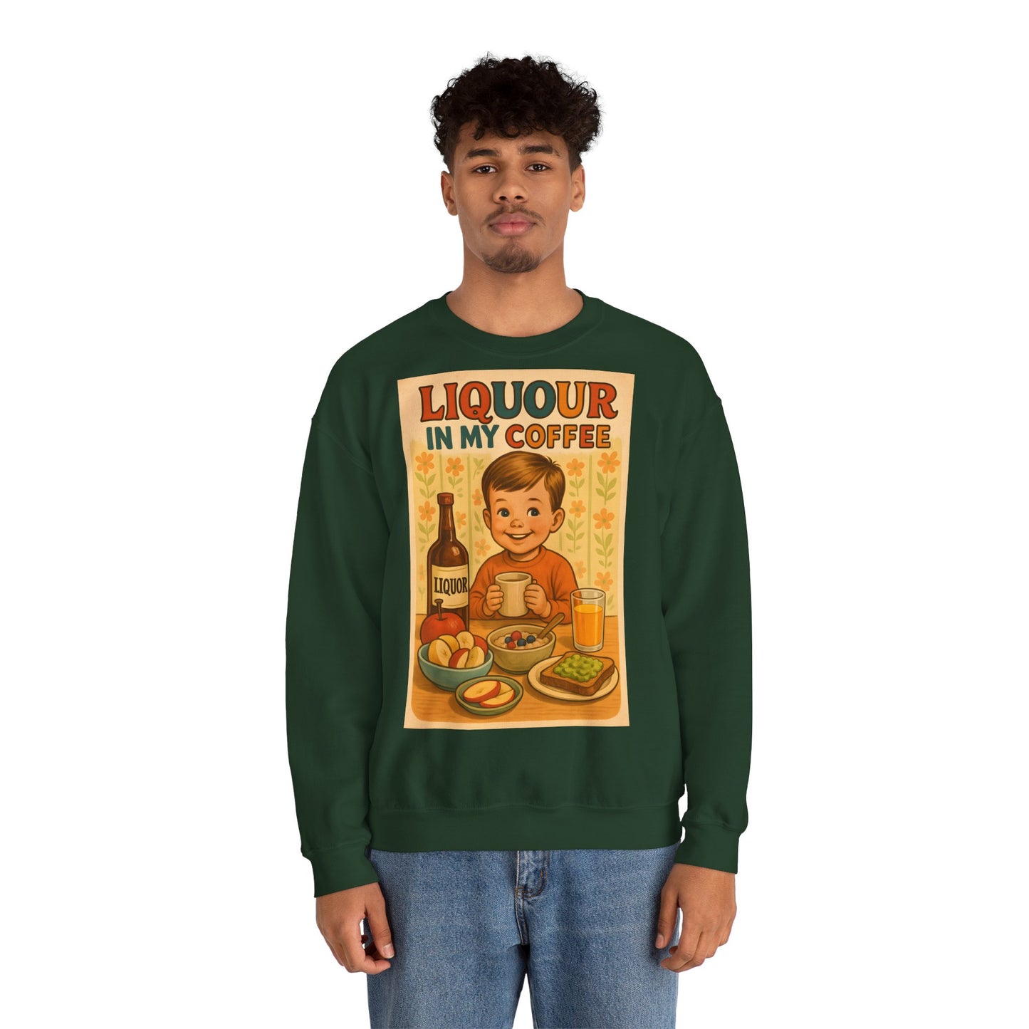 Sweatshirt – Liquor In My Coffee Sweatshirt | Retro Frühstücks-Pullover mit Satire-Motiv | Geschenk für Kaffee-Fans mit Humor | True Insights Design mit Humor