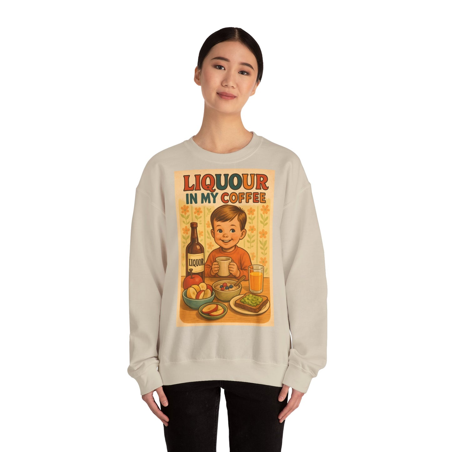 Sweatshirt – Liquor In My Coffee Sweatshirt | Retro Frühstücks-Pullover mit Satire-Motiv | Geschenk für Kaffee-Fans mit Humor | True Insights Design mit Humor