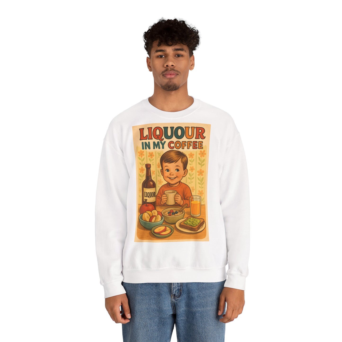 Sweatshirt – Liquor In My Coffee Sweatshirt | Retro Frühstücks-Pullover mit Satire-Motiv | Geschenk für Kaffee-Fans mit Humor | True Insights Design mit Humor