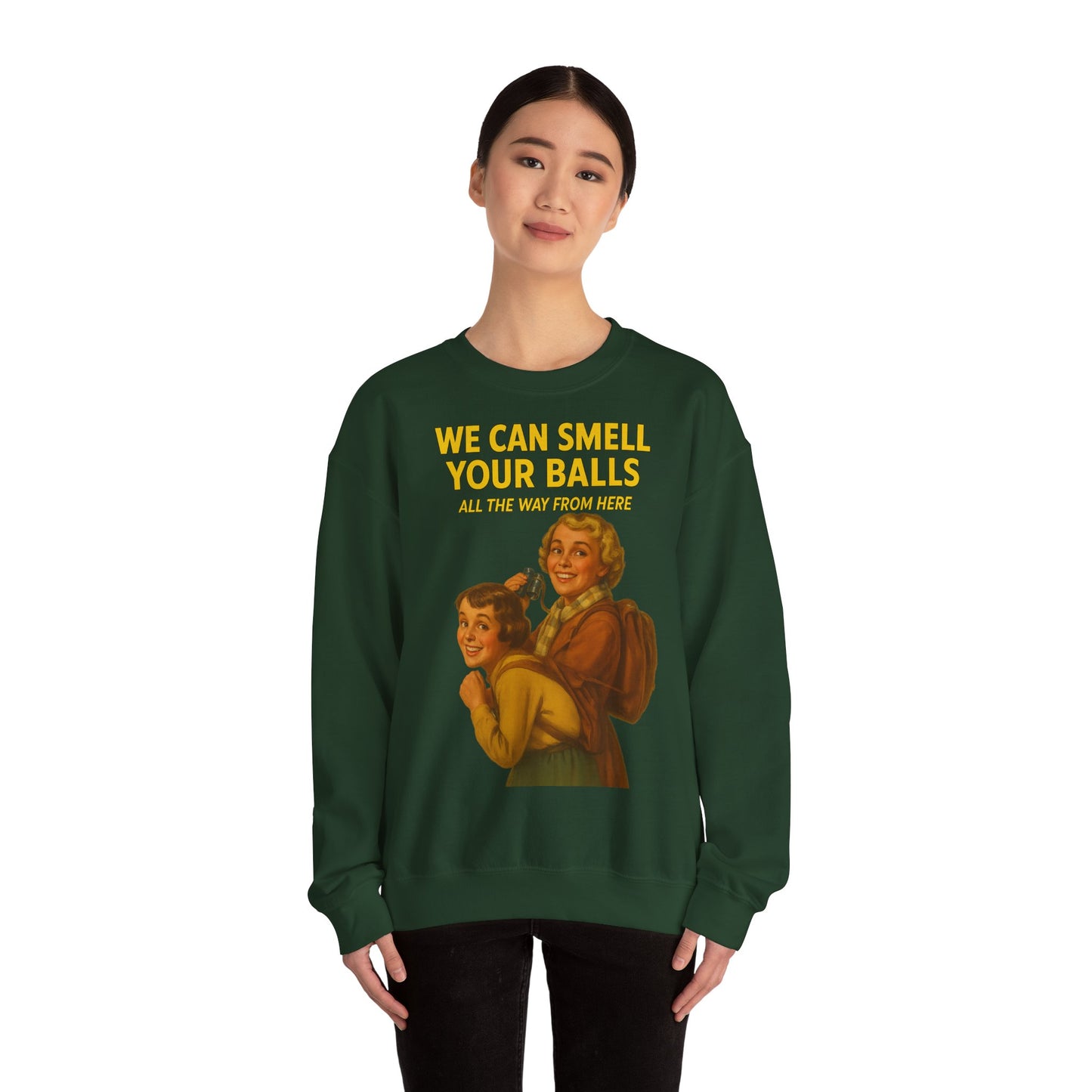 Sweatshirt – Vintage Sweatshirt – „We Can Smell Your Balls“ im Spioninnen-Stil | True Insights Design mit Humor