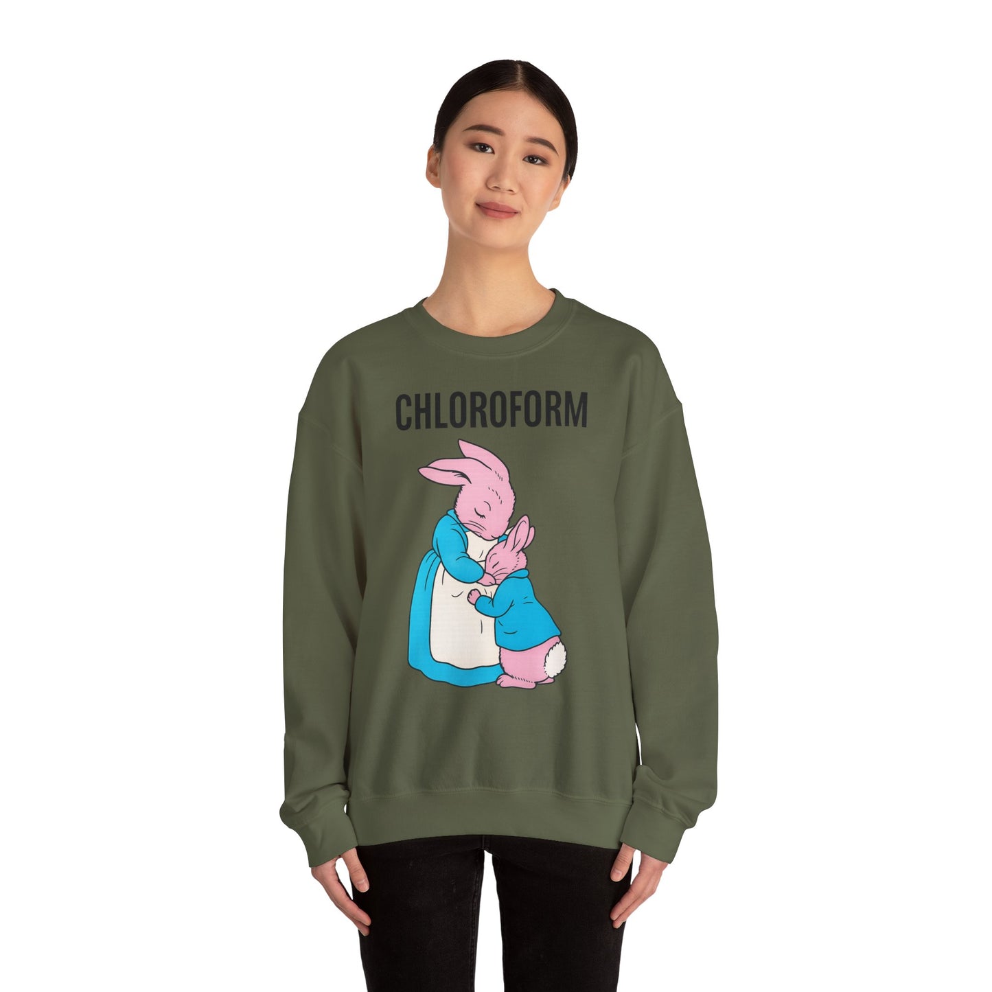 „CHLOROFORM“ – Retro-Sweatshirt mit Hasen und bösem Twist – Freches Satire-Design für mutige Statements | True Insights