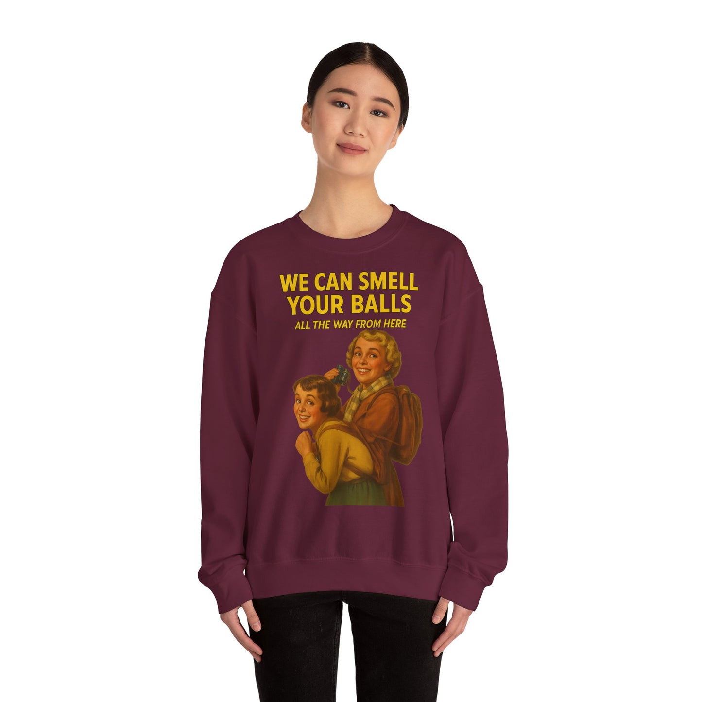 Sweatshirt – Vintage Sweatshirt – „We Can Smell Your Balls“ im Spioninnen-Stil | True Insights Design mit Humor