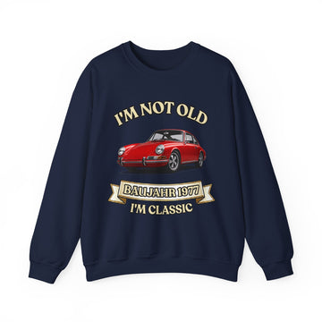 Geschenk zum 50. Geburtstag – Pullover Jahrgang 1977 mit Porsche-Motiv – Navy – Vorderseite
