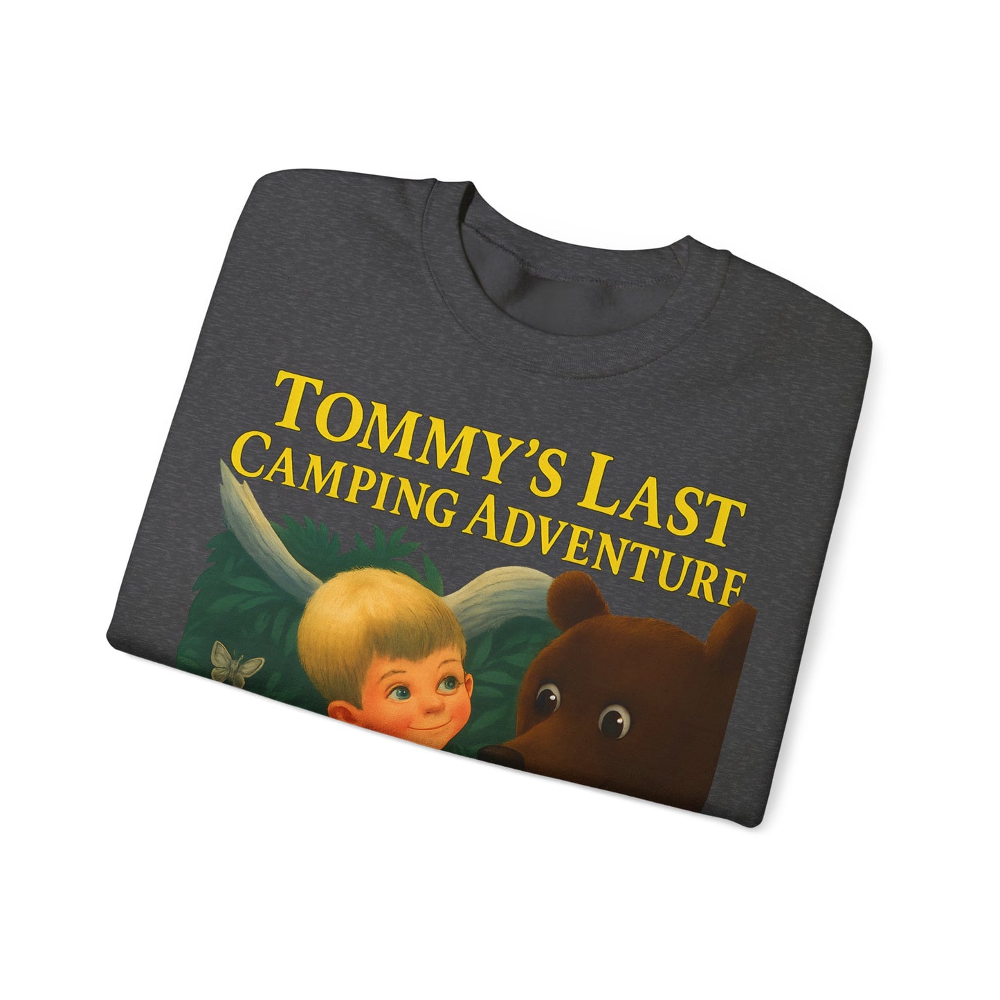 Sweatshirt – Tommy’s Last Camping Adventure Sweatshirt – Schwarzer Humor trifft Retro-Kinderbuchstil | True Insights Design mit Humor