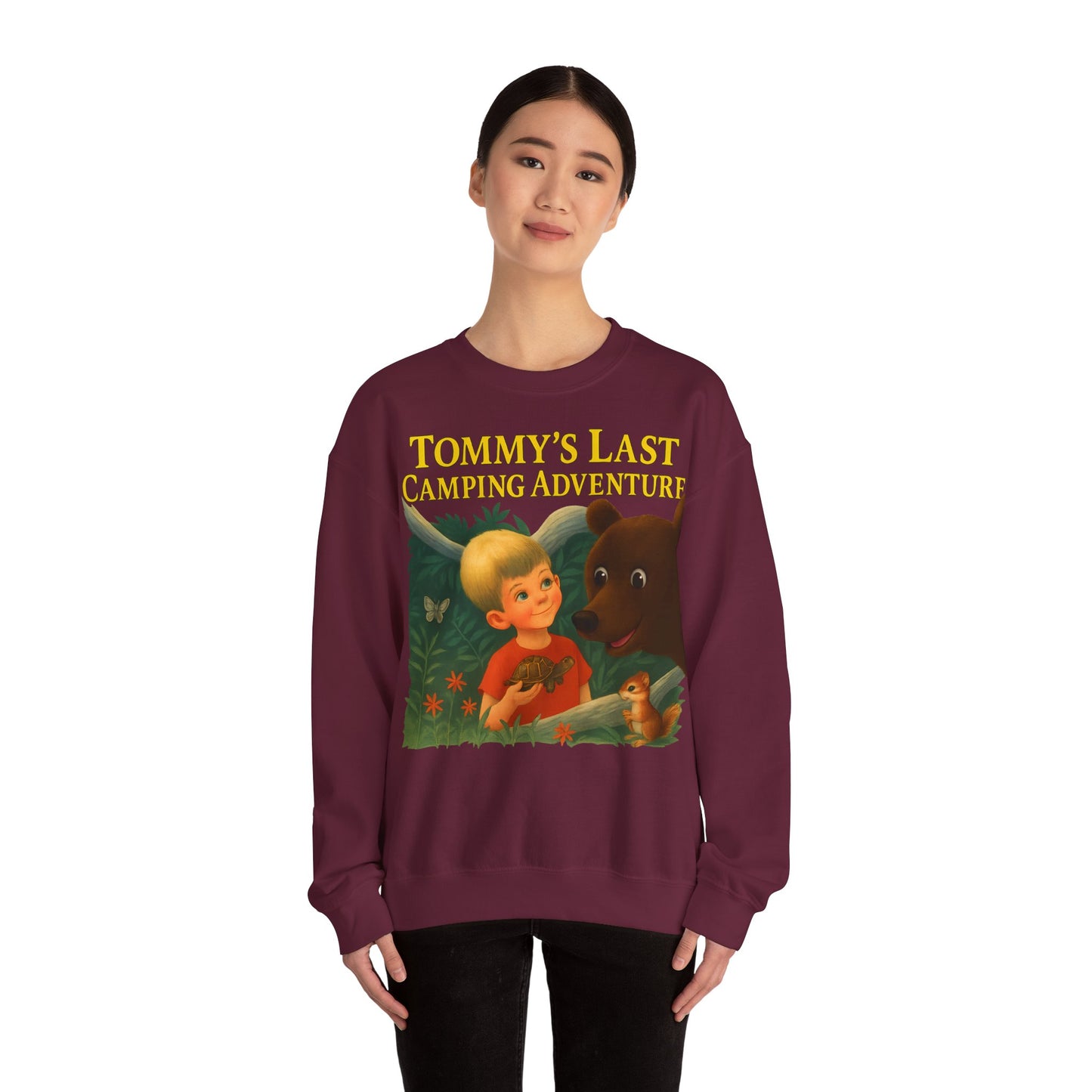 Sweatshirt – Tommy’s Last Camping Adventure Sweatshirt – Schwarzer Humor trifft Retro-Kinderbuchstil | True Insights Design mit Humor