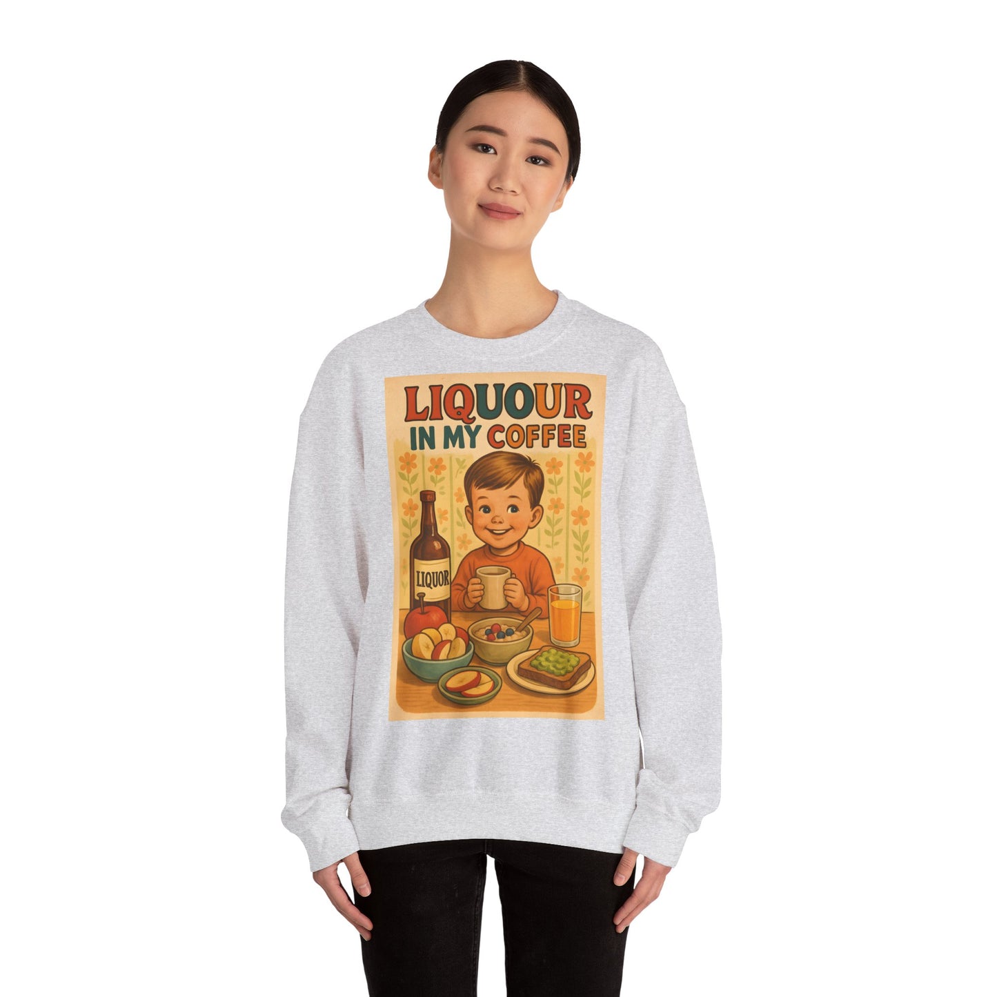 Sweatshirt – Liquor In My Coffee Sweatshirt | Retro Frühstücks-Pullover mit Satire-Motiv | Geschenk für Kaffee-Fans mit Humor | True Insights Design mit Humor