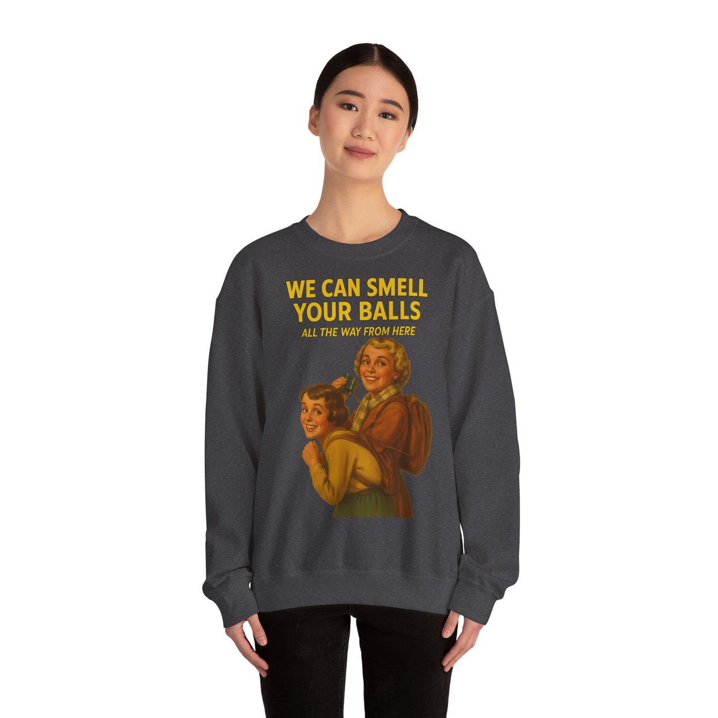 Sweatshirt – Vintage Sweatshirt – „We Can Smell Your Balls“ im Spioninnen-Stil | True Insights Design mit Humor