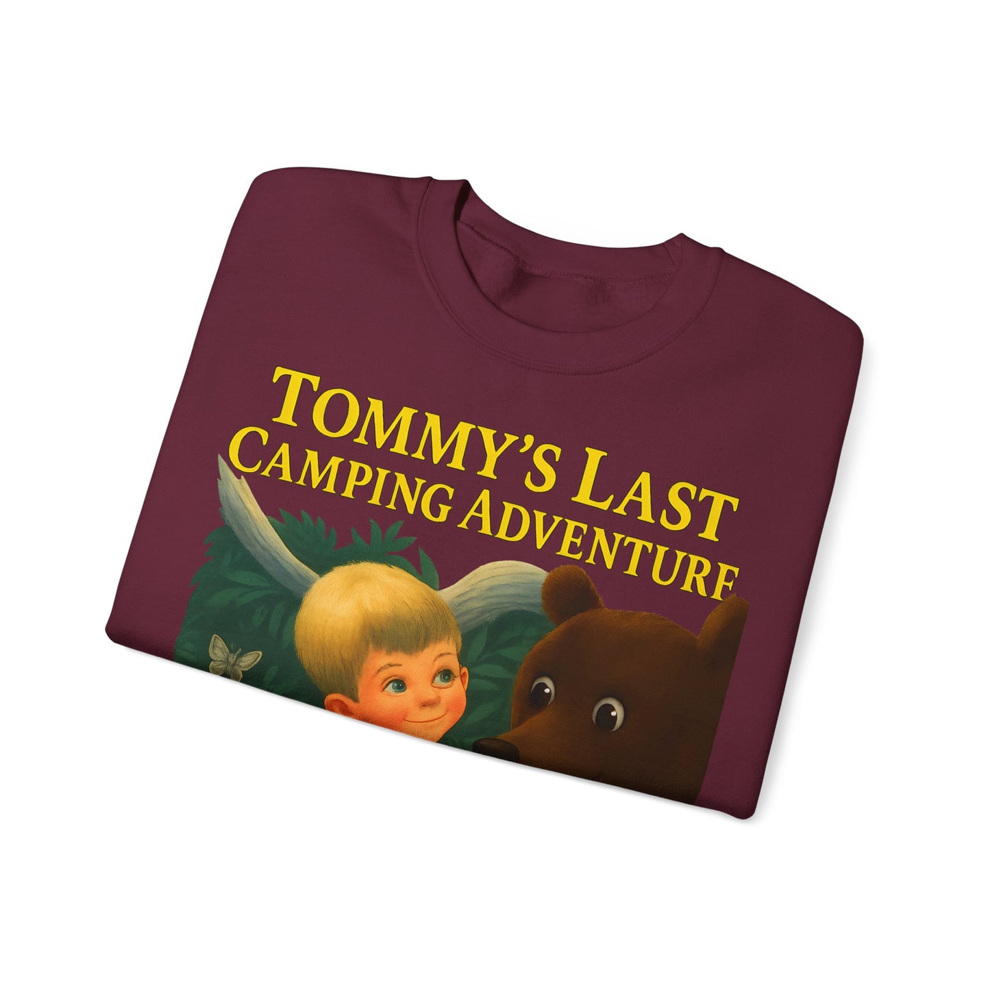 Sweatshirt – Tommy’s Last Camping Adventure Sweatshirt – Schwarzer Humor trifft Retro-Kinderbuchstil | True Insights Design mit Humor