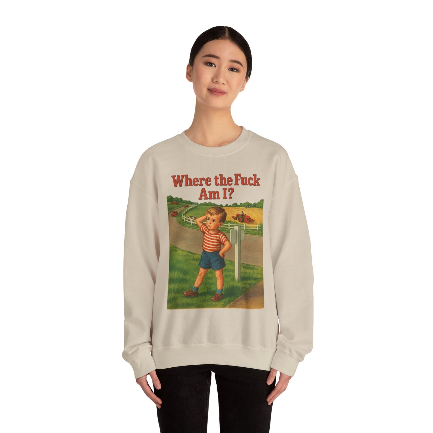 Sweatshirt – Where the Hell Am I? – Vintage Sweatshirt mit nostalgischem Lost-Boy-Motiv | True Insights Design mit Humor