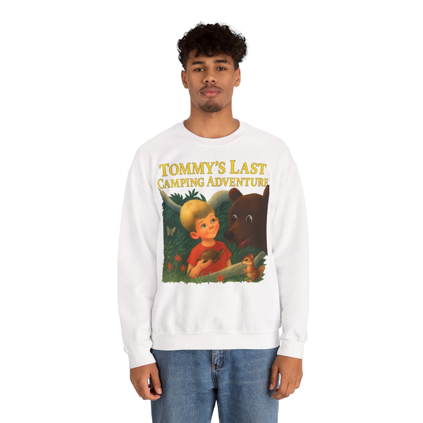 Sweatshirt – Tommy’s Last Camping Adventure Sweatshirt – Schwarzer Humor trifft Retro-Kinderbuchstil | True Insights Design mit Humor