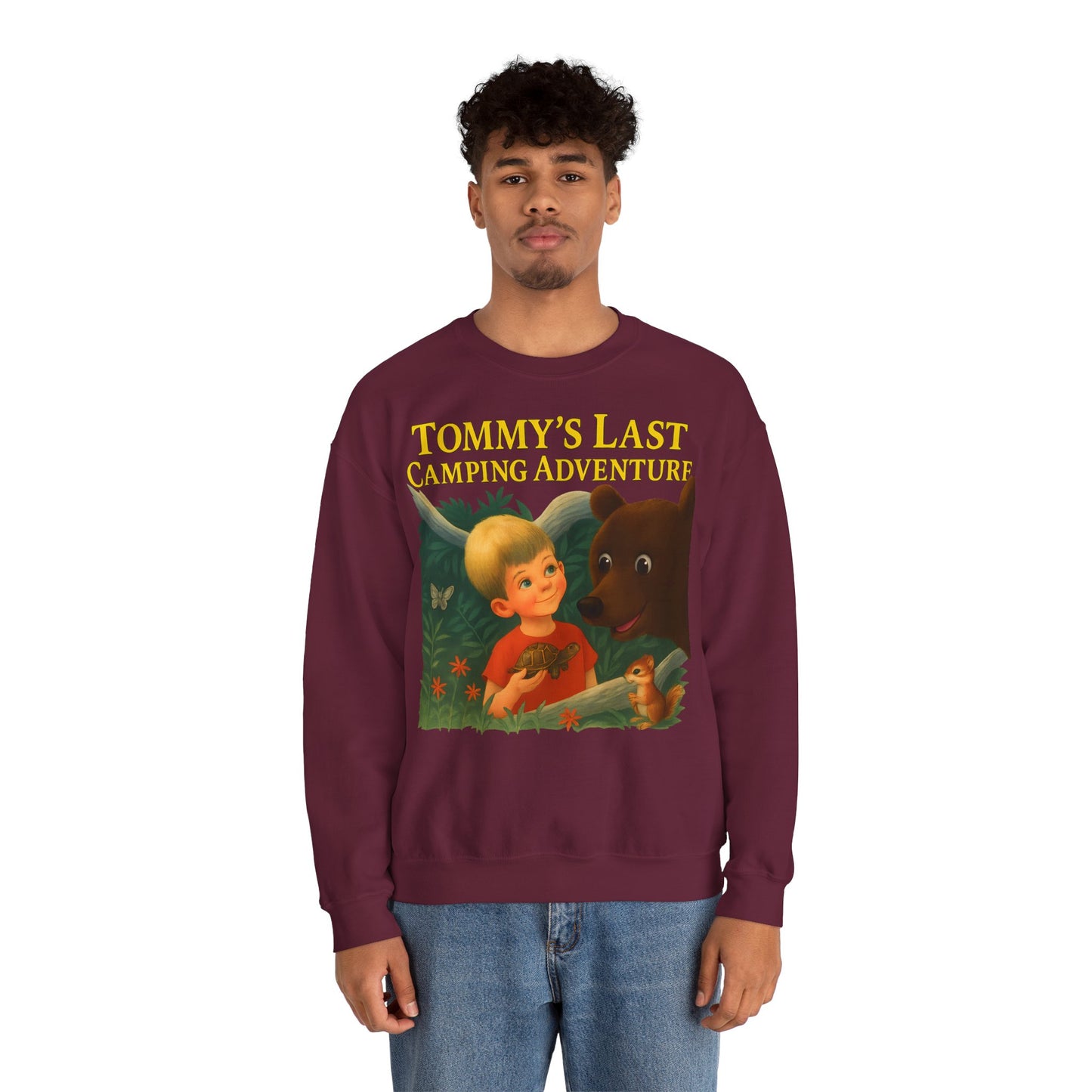 Sweatshirt – Tommy’s Last Camping Adventure Sweatshirt – Schwarzer Humor trifft Retro-Kinderbuchstil | True Insights Design mit Humor