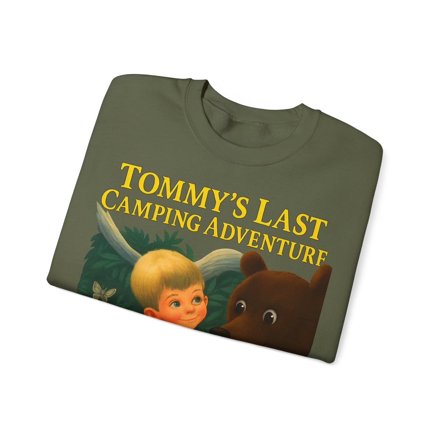 Sweatshirt – Tommy’s Last Camping Adventure Sweatshirt – Schwarzer Humor trifft Retro-Kinderbuchstil | True Insights Design mit Humor