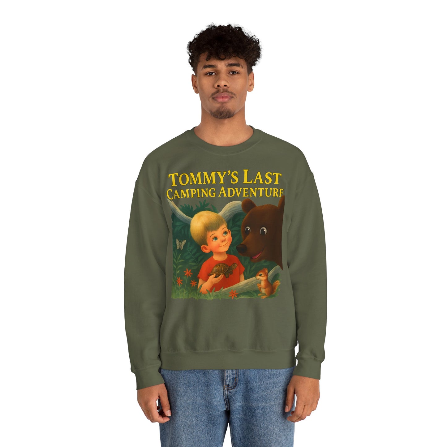 Sweatshirt – Tommy’s Last Camping Adventure Sweatshirt – Schwarzer Humor trifft Retro-Kinderbuchstil | True Insights Design mit Humor