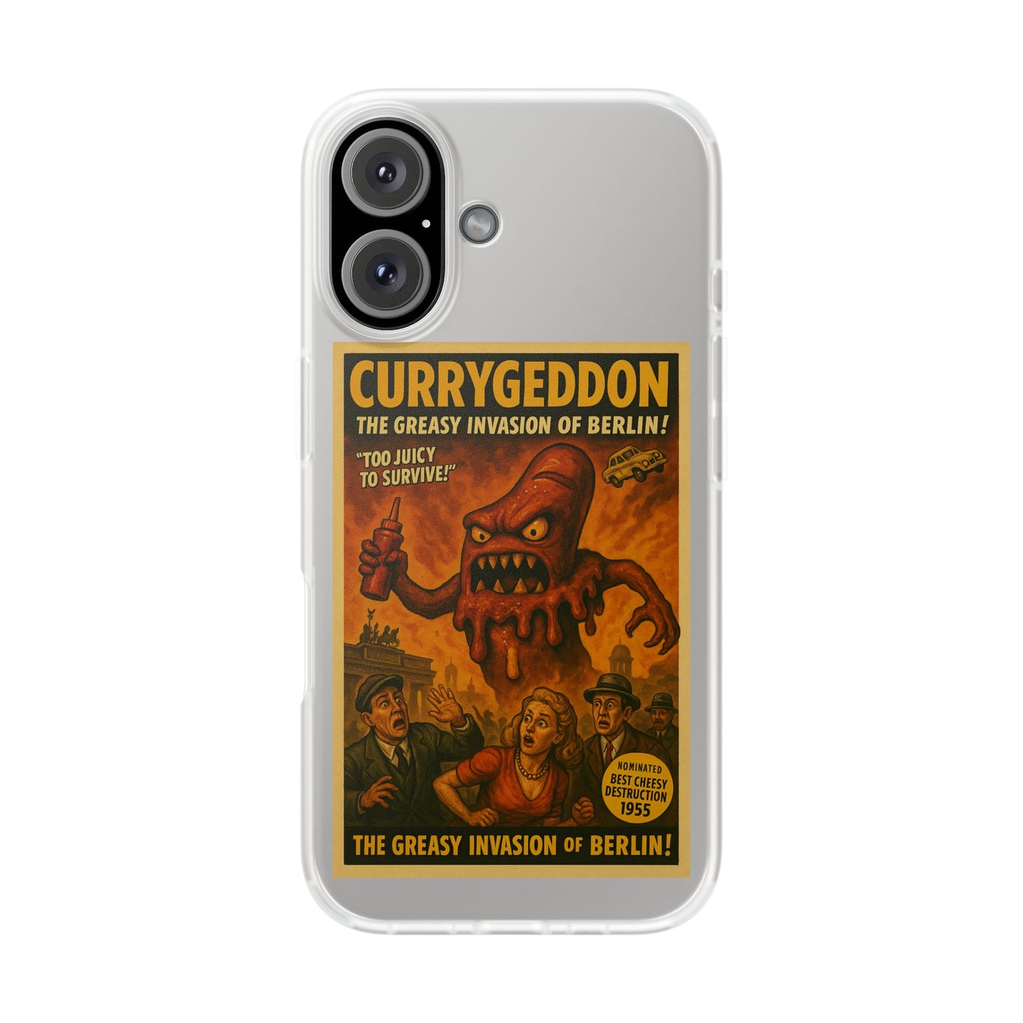 Kultige Handyhülle mit Currywurst-Monster im B-Movie-Stil. Flexibel, stoßfest und ideal für Berlin-Fans & Food-Nerds.-Phone Case-True Insights