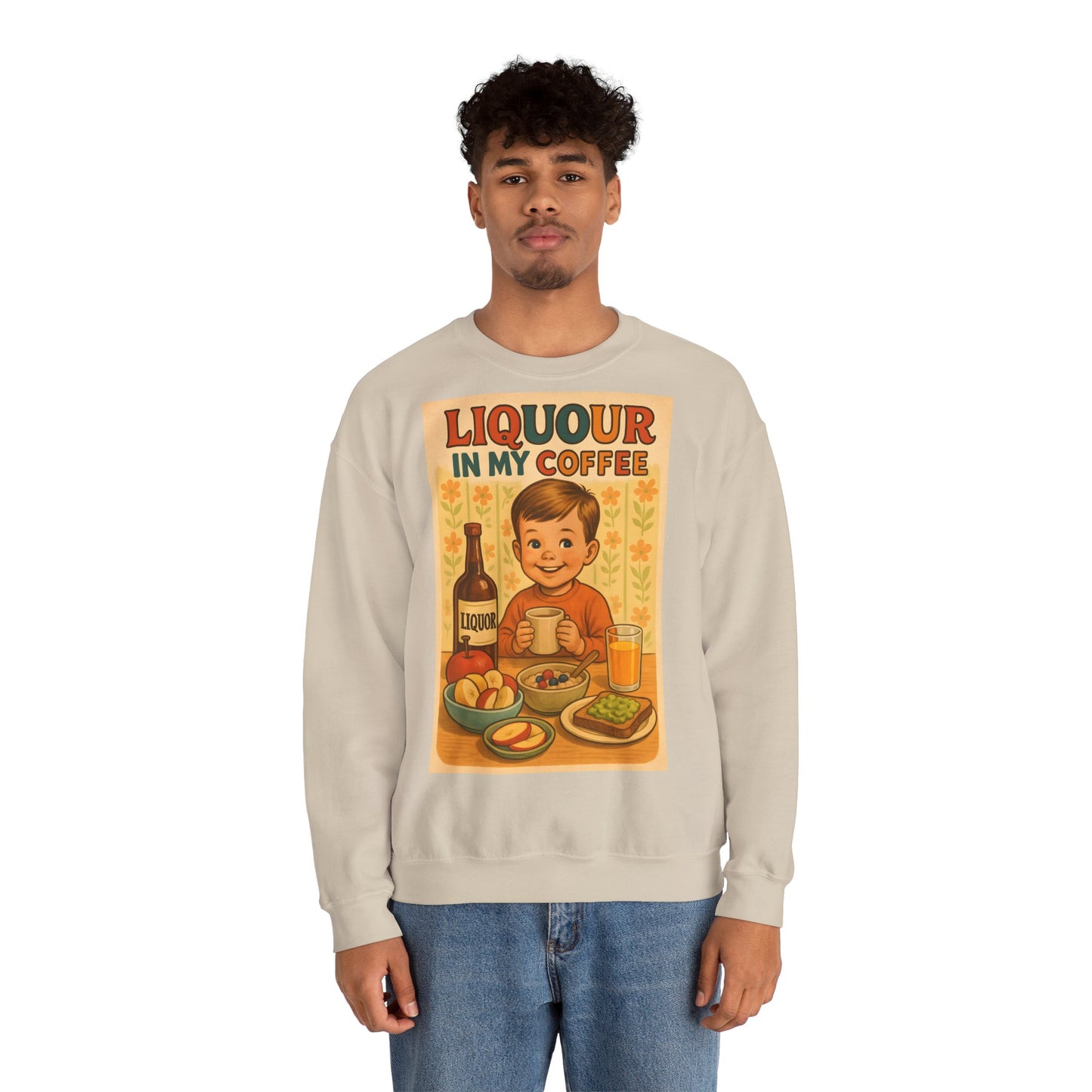 Sweatshirt – Liquor In My Coffee Sweatshirt | Retro Frühstücks-Pullover mit Satire-Motiv | Geschenk für Kaffee-Fans mit Humor | True Insights Design mit Humor