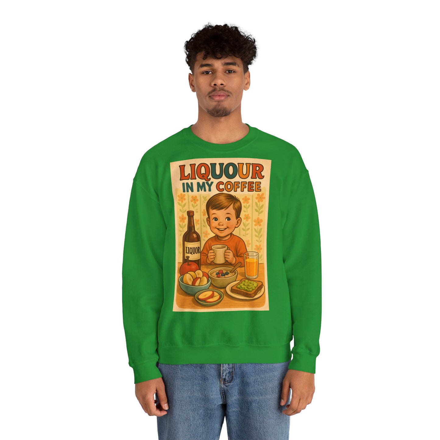 Sweatshirt – Liquor In My Coffee Sweatshirt | Retro Frühstücks-Pullover mit Satire-Motiv | Geschenk für Kaffee-Fans mit Humor | True Insights Design mit Humor