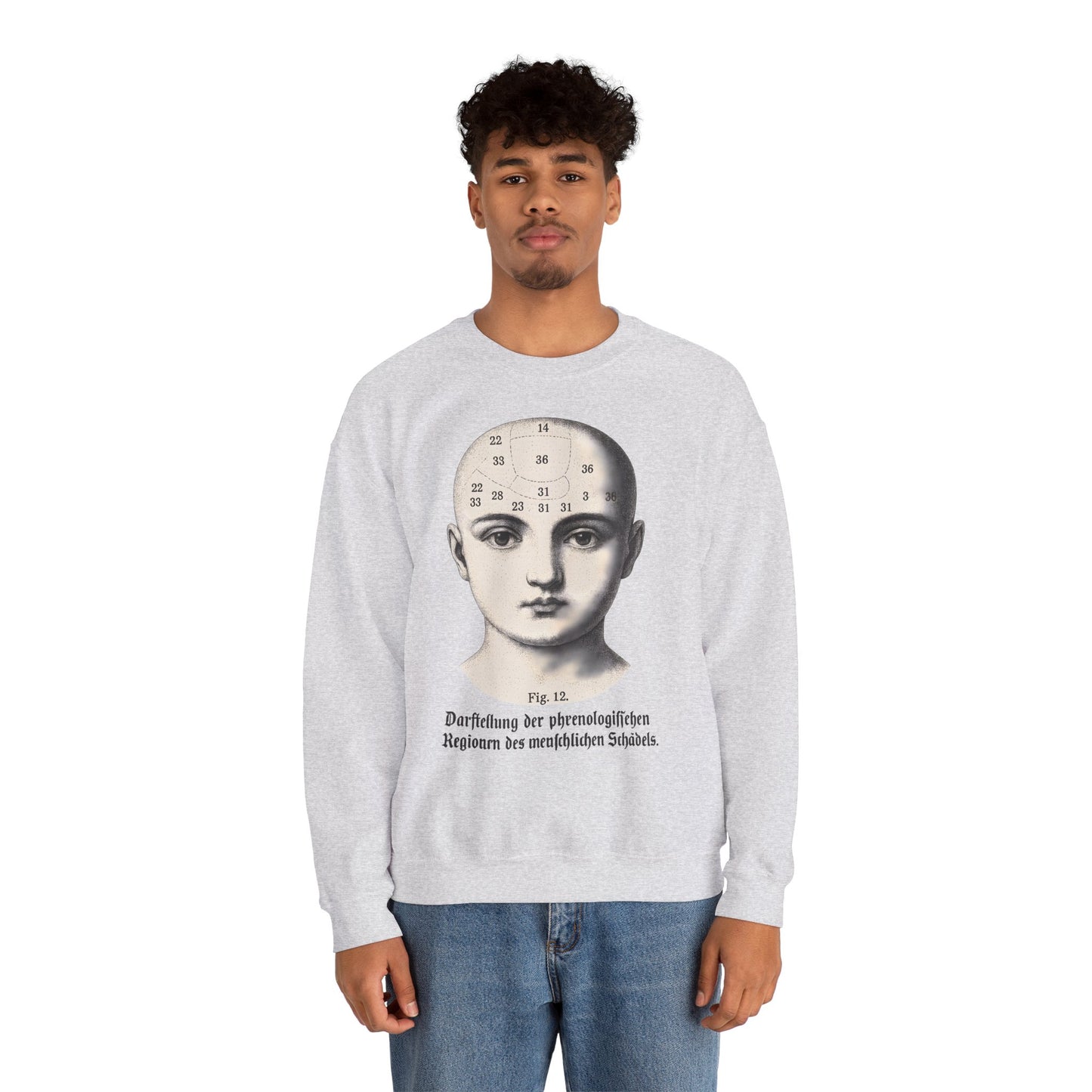Vintage Motiv – Phrenologie Sweatshirt – Vintage-Schädelstudie „Fig. 12“ | True Insights Design mit Humor