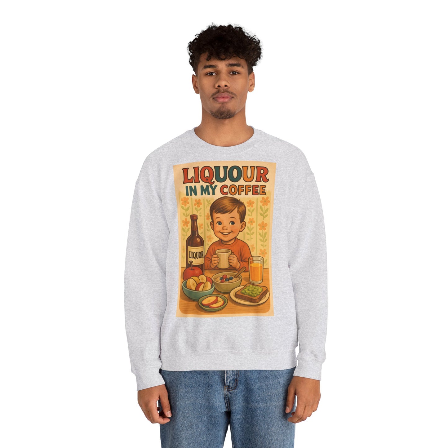 Sweatshirt – Liquor In My Coffee Sweatshirt | Retro Frühstücks-Pullover mit Satire-Motiv | Geschenk für Kaffee-Fans mit Humor | True Insights Design mit Humor