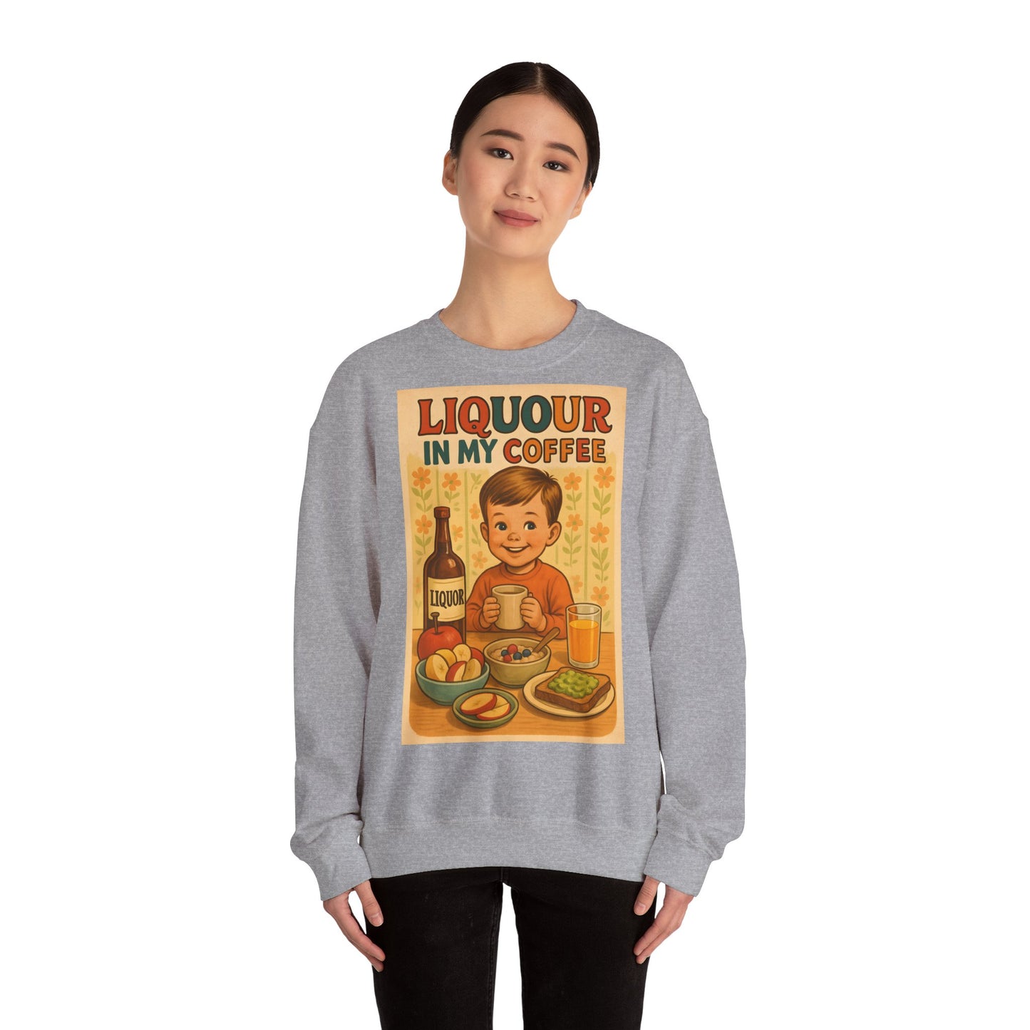 Sweatshirt – Liquor In My Coffee Sweatshirt | Retro Frühstücks-Pullover mit Satire-Motiv | Geschenk für Kaffee-Fans mit Humor | True Insights Design mit Humor
