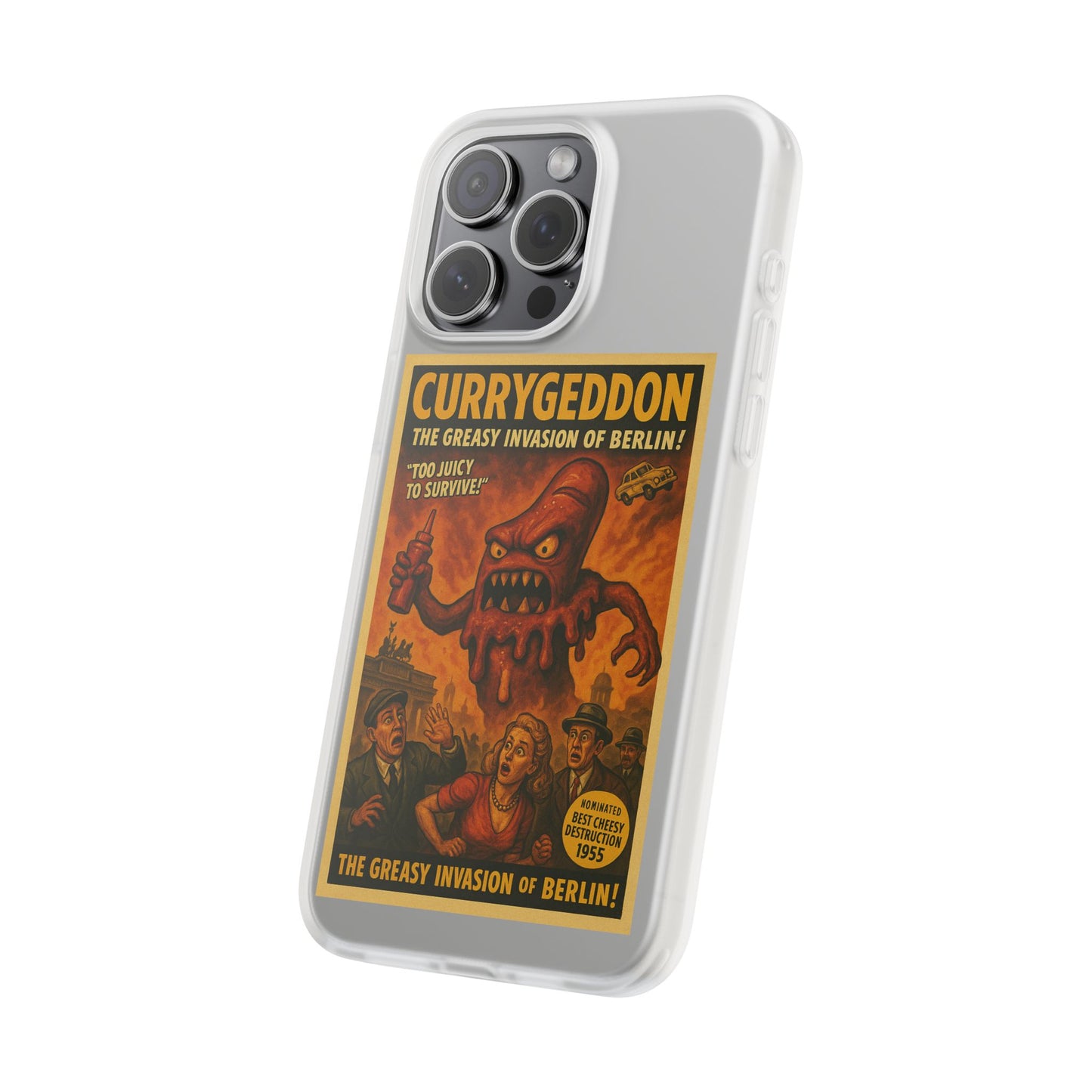 Kultige Handyhülle mit Currywurst-Monster im B-Movie-Stil. Flexibel, stoßfest und ideal für Berlin-Fans & Food-Nerds.-Phone Case-True Insights